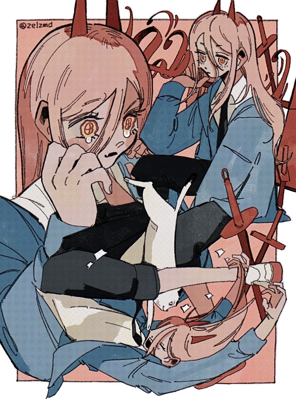 zelzmd, meowy (chainsaw man), power (chainsaw man), chainsaw man, highres, 1girl, black necktie, black pants, blue jacket, border, cat, closed eyes, collared shirt, cross-shaped pupils, crossed swords, demon girl, demon horns, full body, hair between eyes, hand in own hair, hands on own face, horns, jacket, long hair, multiple views, necktie, open mouth, pants, pink background, pink hair, red horns, sharp teeth, shirt, shoes, smile, sneakers, sparkle, sword, symbol-shaped pupils, tears, teeth, twintails, upper body, weapon, white border, white shirt, white shoes, yellow eyes