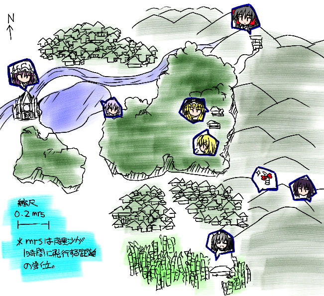 murabito, alice margatroid, hakurei reimu, kirisame marisa, patchouli knowledge, touhou, 6+girls, female focus, forest, hat, map, multiple girls, nature, outdoors, plant