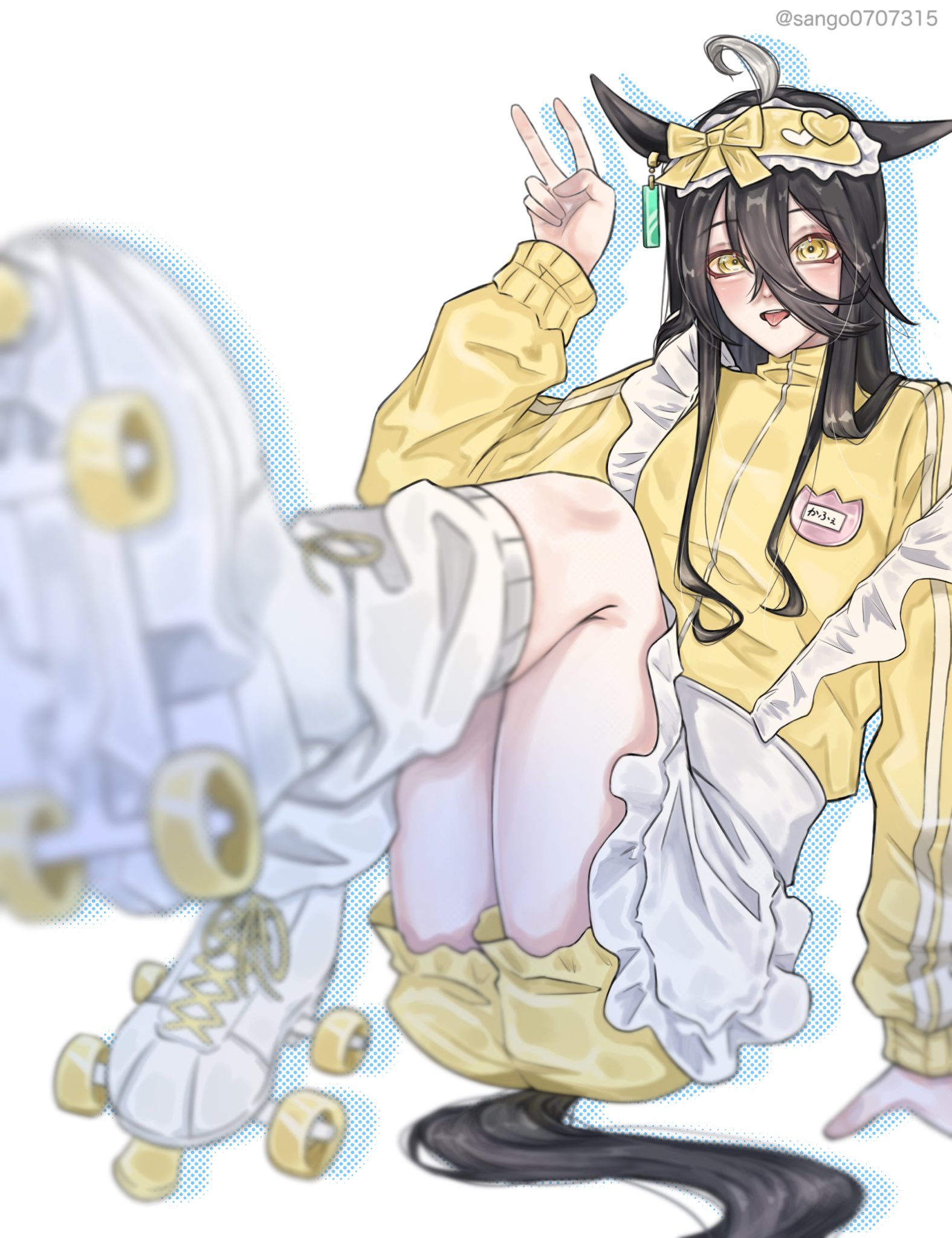 sango0707315, manhattan cafe (umamusume), umamusume, highres, 1girl, aegyo sal, animal ears, black shorts, bow, ear ornament, ear tag, earrings, hair between eyes, hand on ground, hand up, horse ears, horse girl, horse tail, jacket, jersey maid, jewelry, long hair, long hair between eyes, long sleeves, looking at viewer, maid, maid headdress, name tag, on ground, open mouth, roller skates, shoes, shorts, simple background, single earring, sitting, skates, smile, solo, tail, tongue, tongue out, twitter username, unconventional maid, v, white background, white shoes, yellow bow, yellow eyes, yellow jacket