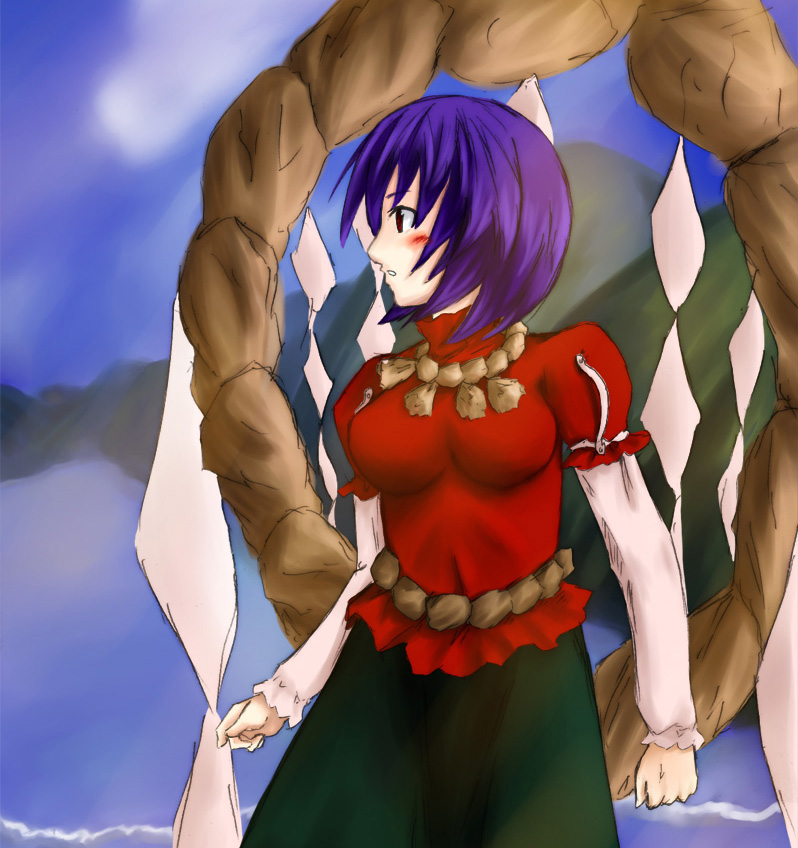 tetsuji, yasaka kanako, touhou, 1girl, blush, breasts, cloud, female focus, outdoors, purple hair, red eyes, rope, short hair, sketch, sky, solo, standing, water