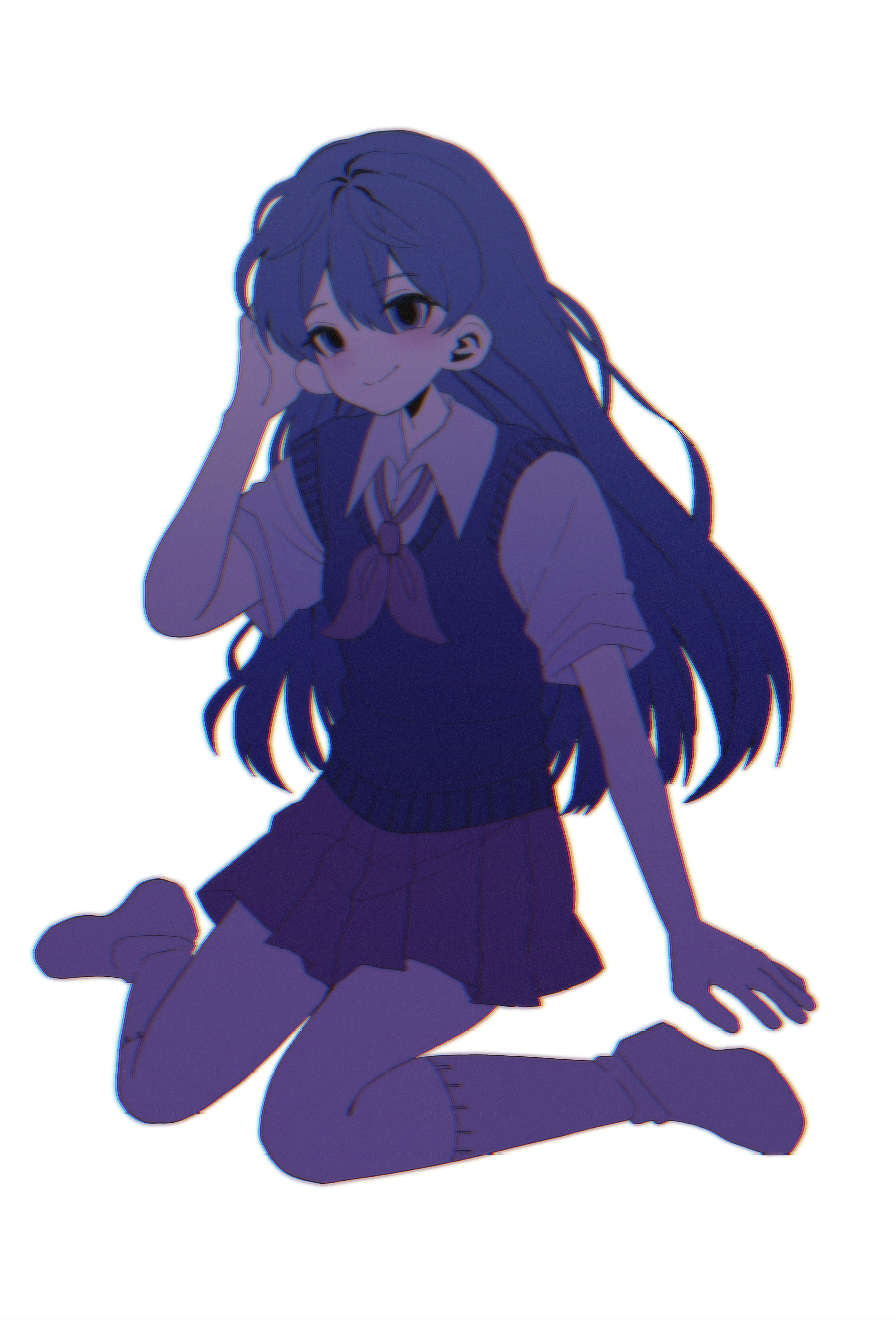 my loleeta, mari (headspace) (omori), mari (omori), omori, absurdres, highres, 1girl, arm support, bare arms, breasts, brown neckerchief, brown skirt, chromatic aberration, closed mouth, collared shirt, double-parted bangs, empty eyes, film grain, full body, hair behind ear, hair between eyes, hand up, kneehighs, long hair, looking at viewer, miniskirt, neckerchief, no shoes, pleated skirt, purple eyes, purple hair, purple sweater vest, shirt, short sleeves, simple background, sitting, skirt, small breasts, smile, socks, solo, sweater vest, very long hair, wariza, white background, white shirt, white socks