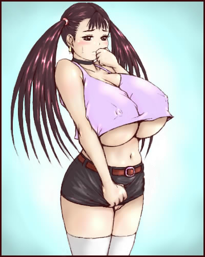 inomaru, character request, lowres, 1girl, belt, blush, breasts, choker, collar, embarrassed, female focus, gradient background, huge breasts, long hair, matching hair/eyes, miniskirt, no bra, red eyes, red hair, simple background, skirt, solo, sweatdrop, tank top, thighhighs, twintails, uncensored, underboob, white thighhighs, zettai ryouiki