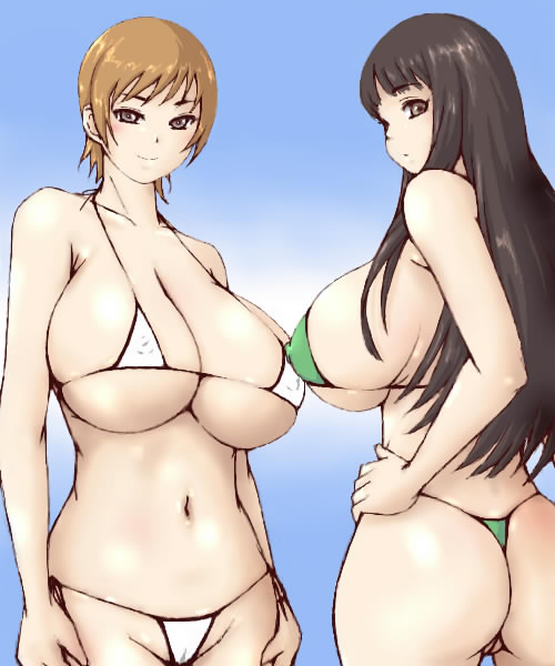 inomaru, character request, 2girls, ass, backboob, bikini, black hair, blush, breasts, brown eyes, brown hair, covered erect nipples, from behind, gradient background, huge breasts, large breasts, long hair, looking at viewer, looking back, micro bikini, multiple girls, navel, nipples, partially visible vulva, pussy, short hair, simple background, smile, swimsuit, thong, thong bikini, uncensored, underboob