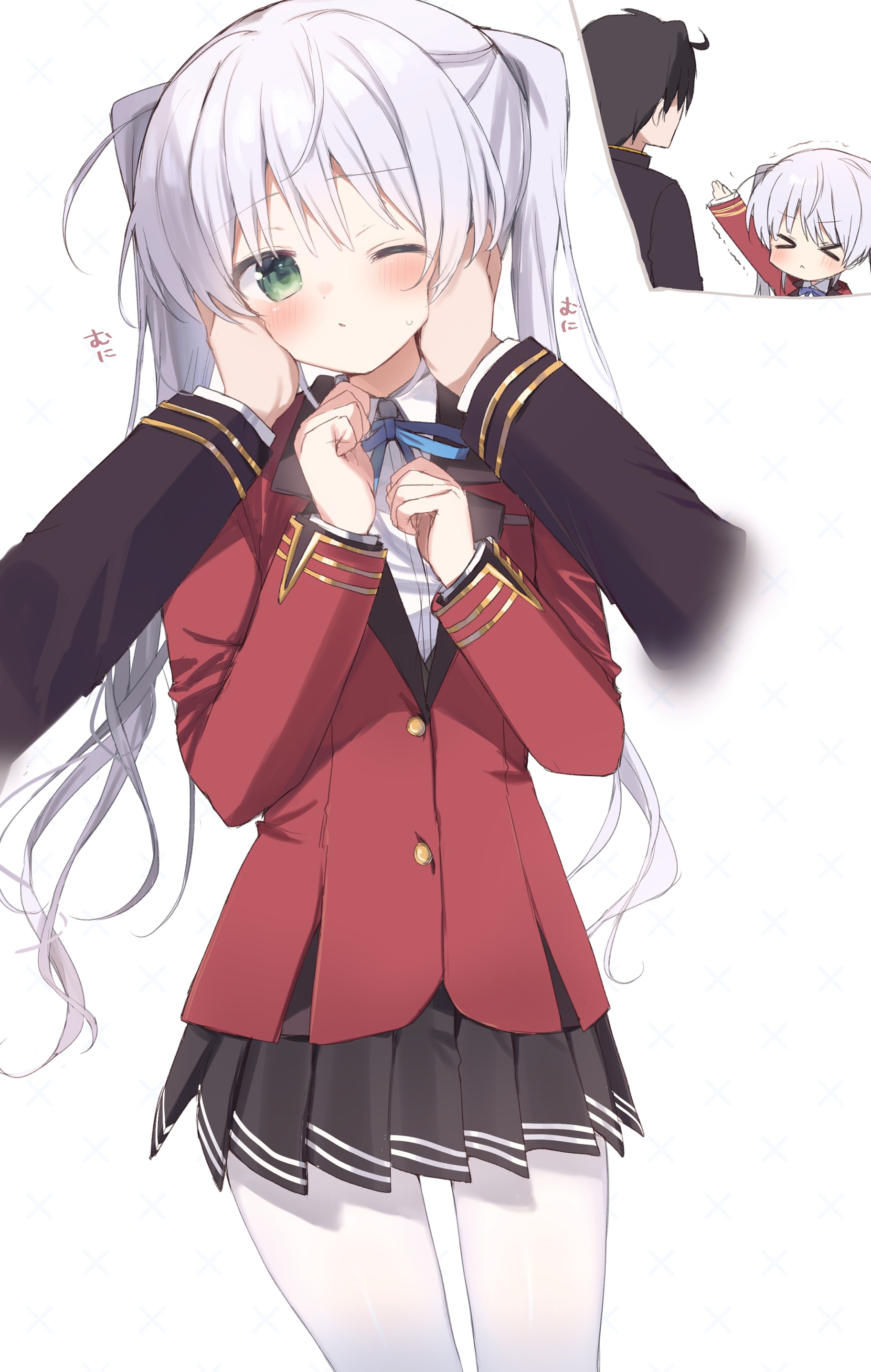 takepoison, tougi shiro, fortune arterial, absurdres, commentary, highres, > <, 1boy, 1girl, black skirt, blue bow, blue bowtie, bow, bowtie, chibi, chibi inset, collared shirt, disembodied hand, green eyes, hands on another's cheeks, hands on another's face, height difference, jacket, long hair, long sleeves, looking at viewer, one eye closed, pantyhose, pleated skirt, red jacket, school uniform, shirt, skirt, solo focus, trembling, twintails, white hair, white pantyhose, white shirt