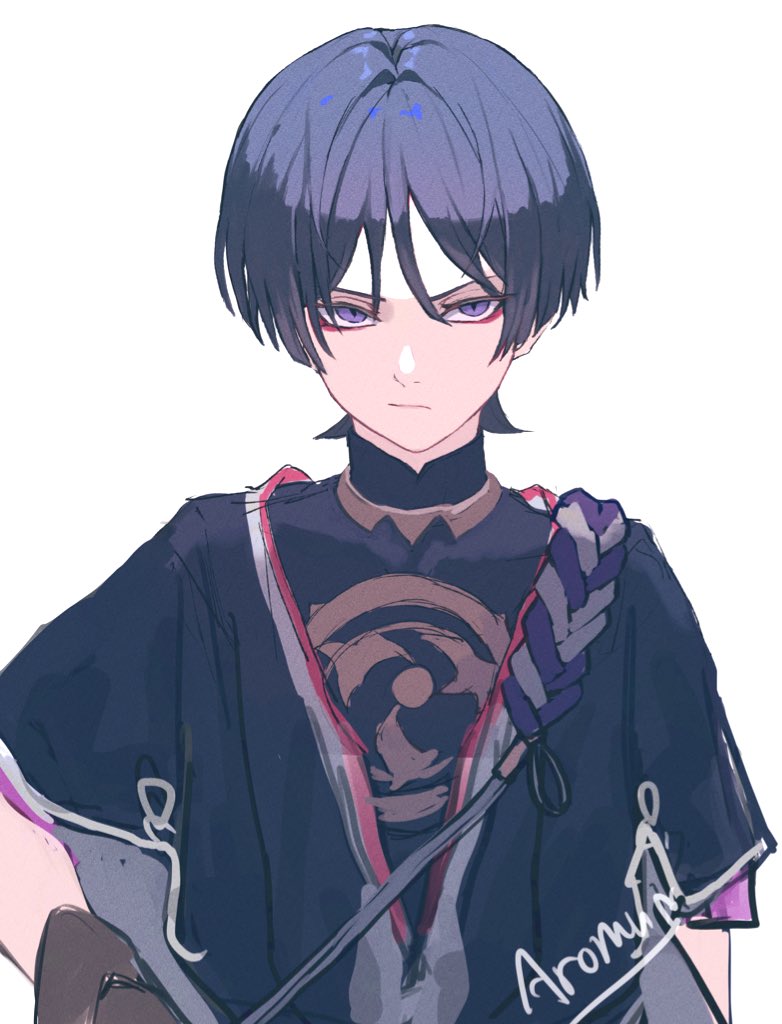 aromuromu66, scaramouche (genshin impact), genshin impact, 1boy, arms at sides, artist name, black kimono, black sleeves, blunt ends, closed mouth, eyeliner, eyeshadow, glaring, gold, grey hair, japanese clothes, jewelry, juban, kimono, layered sleeves, looking at viewer, makeup, male focus, mitsudomoe (shape), neck ring, purple eyes, purple rope, purple sleeves, red eyeliner, red eyeshadow, red kimono, rope, shimenawa, short sleeves, sketch, slit pupils, solo, straight-on, tomoe (symbol), upper body, white background, white kimono, white rope, white trim, wispy bangs