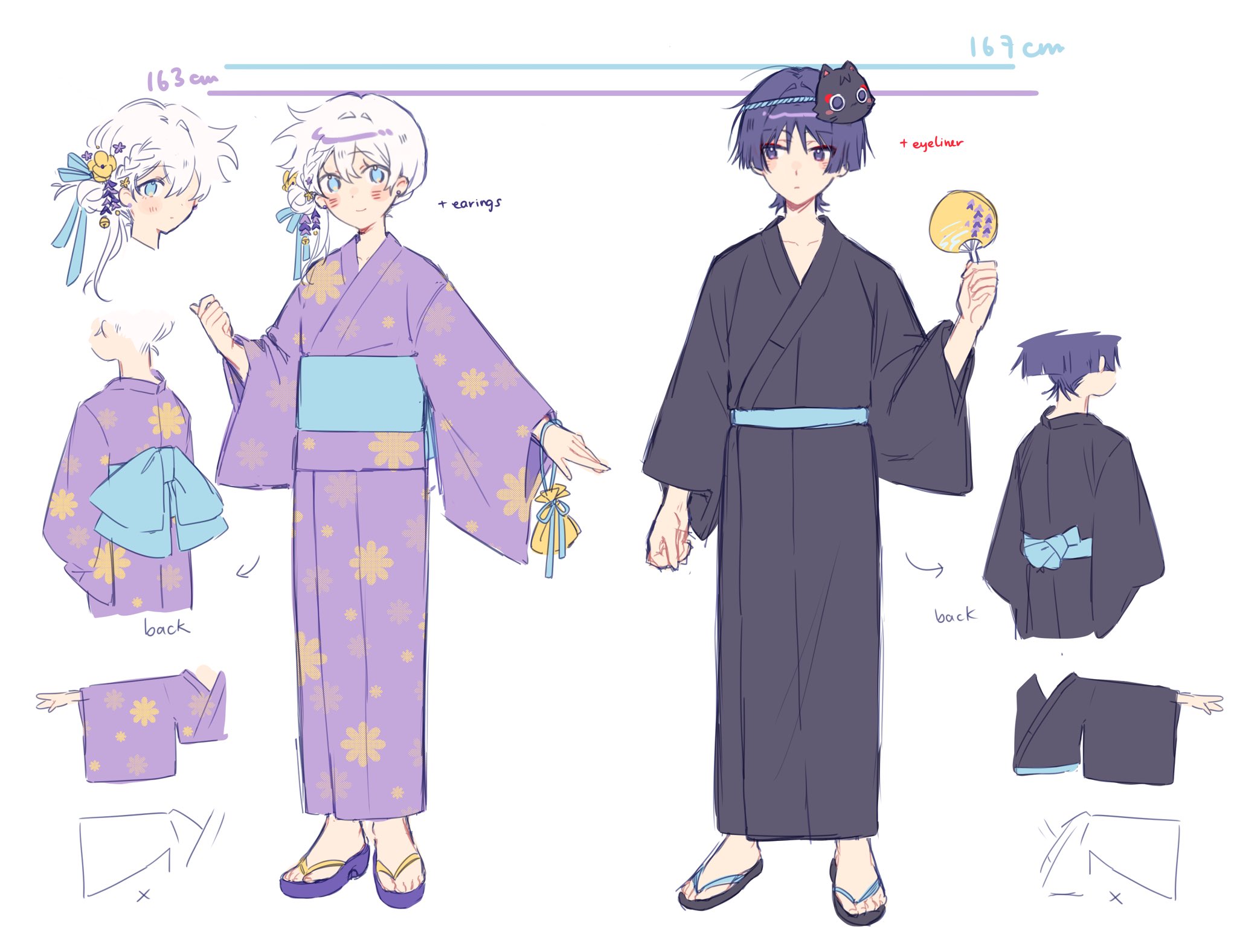 yunhhj, scaramouche (genshin impact), genshin impact, original, highres, 1boy, 1girl, alternate costume, arm at side, artist self-insert, bag, bell, black kimono, black sandals, blue eyes, blue ribbon, blunt ends, blush, braid, braided bangs, cat mask, clenched hand, closed mouth, collarbone, couple, disembodied hand, earrings, english text, eyeliner, eyeshadow, floral print, floral print kimono, flower, full body, gold, hair bell, hair between eyes, hair bun, hair flower, hair intakes, hair ornament, hair ribbon, hand fan, hand up, height chart, height difference, hetero, holding, holding fan, japanese clothes, jewelry, jingle bell, kimono, long sleeves, looking at another, looking at viewer, makeup, mask, mask on head, obi, oc x canon, print kimono, purple eyes, purple hair, purple kimono, purple sandals, purple sleeves, red eyeliner, red eyeshadow, reference sheet, ribbon, sandals, sash, short hair, single side bun, smile, standing, tareme, toenails, toes, tsurime, white background, wide sleeves, wispy bangs, yellow bag, yellow flower, yukata, zouri