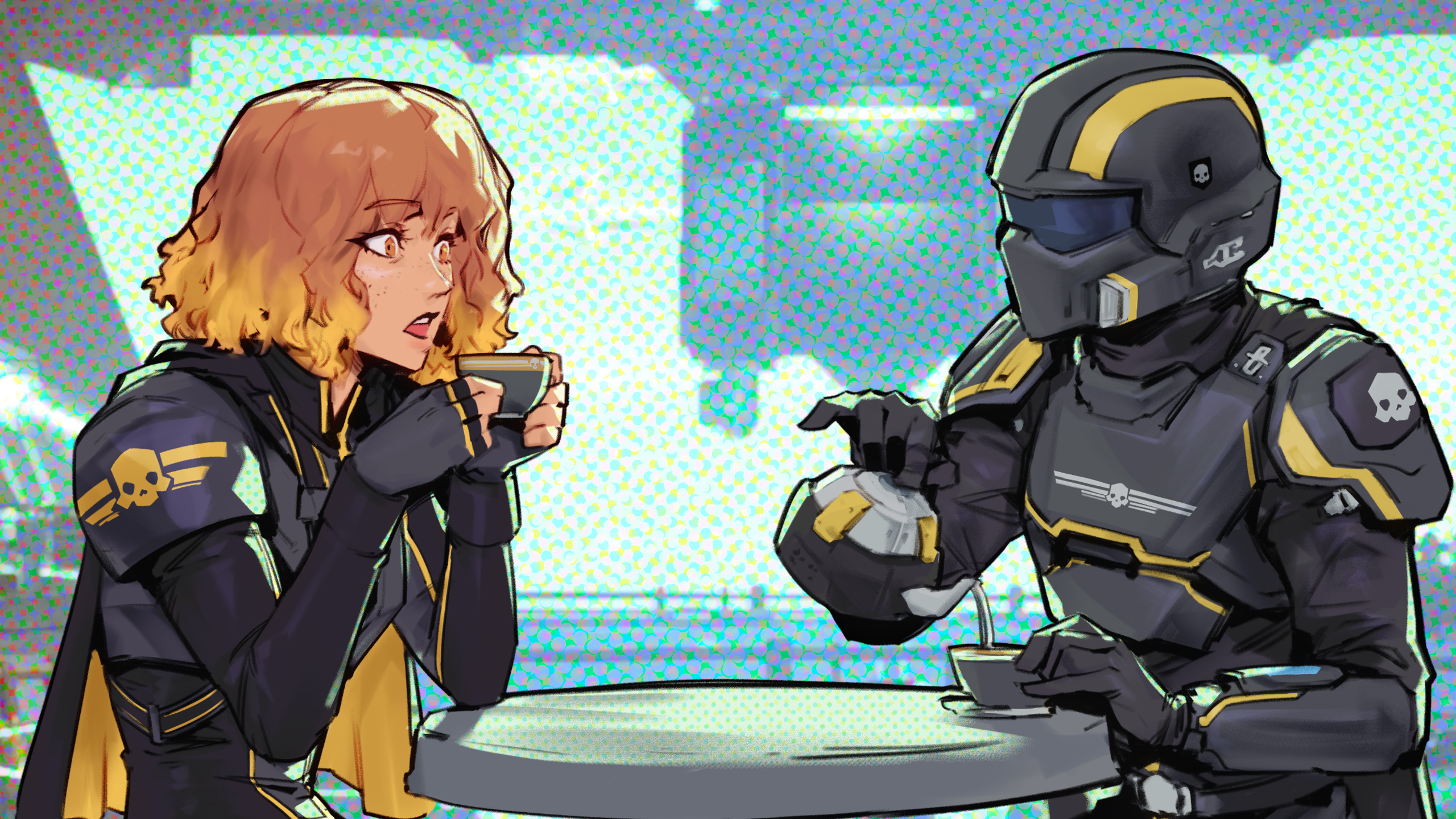phantom ix row, eagle 1 (helldivers), helldiver (helldivers), helldivers (series), commentary, english commentary, highres, 1girl, 1other, armor, black gloves, blonde hair, brown eyes, brown hair, cape, capelet, combat helmet, cup, fingerless gloves, freckles, gloves, gradient hair, helmet, holding, holding cup, looking at another, multicolored hair, open mouth, plate armor, pouring, shoulder armor, teacup, teapot, teeth, upper teeth only