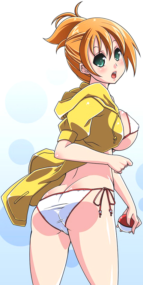 satsuki imonet, misty (pokemon), nintendo, pokemon, pokemon: the electric tale of pikachu, 1girl, ass, back, backboob, bikini, blush, bra, breasts, butt crack, coat, covered erect nipples, female focus, from behind, green eyes, gym leader, huge breasts, jacket, legs, lingerie, looking at viewer, looking back, nipples, open clothes, open coat, open mouth, orange hair, panties, poke ball, ponytail, red hair, short hair, side-tie bikini bottom, side-tie panties, side ponytail, solo, swimsuit, underwear, worried