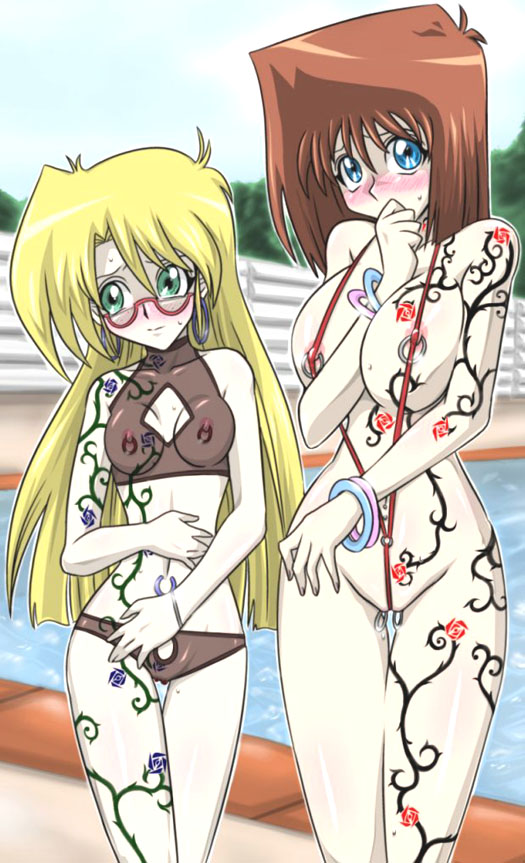straw (yokubou hiroba), mazaki anzu, rebecca hopkins, yu-gi-oh!, yu-gi-oh! duel monsters, 2girls, areola slip, between breasts, bikini, blonde hair, blue eyes, blush, body writing, bracelet, breasts, brown hair, cleavage cutout, clitoris piercing, clitoris ring, clothing cutout, earrings, embarrassed, female focus, fence, flat chest, flower, freckles, glasses, green eyes, groin, hand over mouth, hip focus, hoop earrings, jewelry, labia piercing, labia rings, large breasts, long hair, lowleg, lowleg bikini, multiple girls, narrow waist, navel, navel piercing, nipple piercing, nipple rings, nipples, outdoors, pale skin, piercing, plant, pool, poolside, pussy piercing, rose, see-through clothes, short hair, sky, slingshot swimsuit, sports bikini, standing, string bikini, swimsuit, tattoo, thigh gap, thighs, thorns, uncensored, very long hair, vines, water, wedgie, wide hips