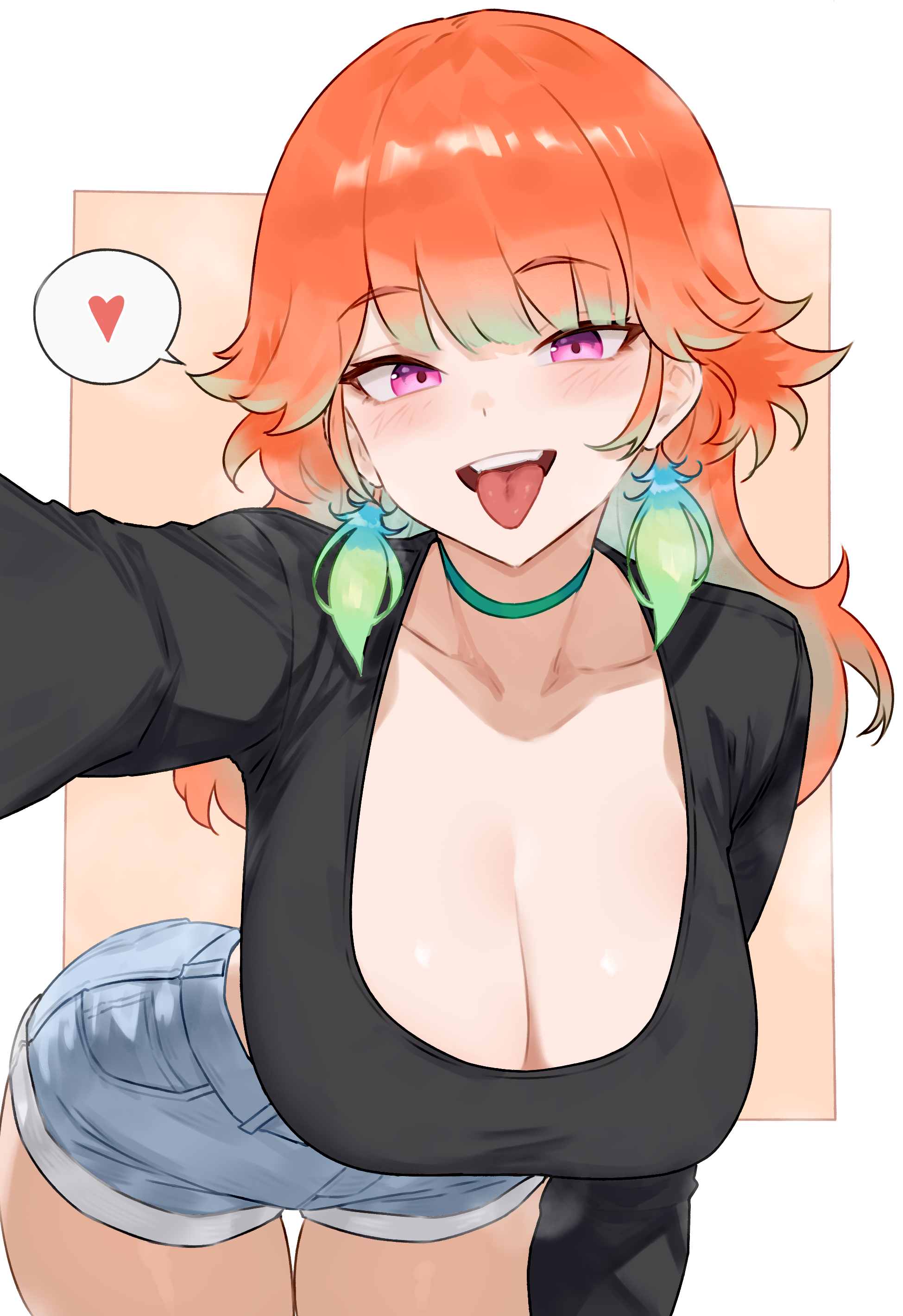 bluefield, takanashi kiara, hololive, hololive english, absurdres, highres, 1girl, alternate costume, bent over, black shirt, blue shorts, border, breasts, choker, cleavage, denim, denim shorts, earrings, feather earrings, feathers, gradient hair, green choker, green feathers, green hair, hair flaps, heart, jewelry, large breasts, long hair, long sleeves, multicolored hair, open mouth, orange hair, outstretched arm, purple eyes, reaching, reaching towards viewer, scoop neck, shirt, short shorts, shorts, solo, spoken heart, thigh gap, tongue, tongue out, virtual youtuber, white border