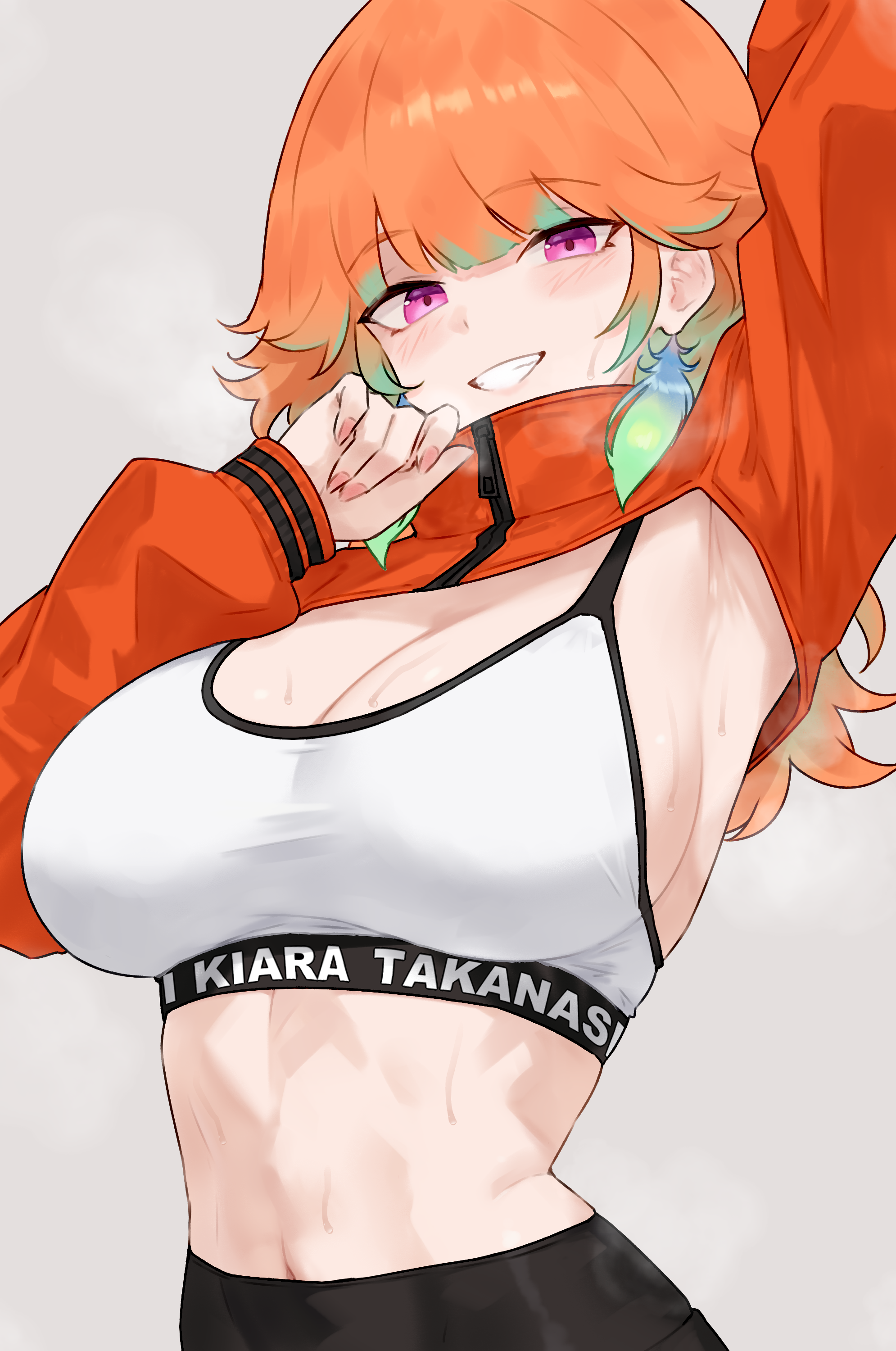 bluefield, takanashi kiara, hololive, hololive english, absurdres, commentary, highres, 1girl, alternate costume, arm up, armpits, breasts, character name, cleavage, colored inner hair, earrings, feather earrings, feathers, gradient hair, green feathers, green hair, grin, hair flaps, jewelry, large breasts, long hair, looking at viewer, midriff, multicolored hair, navel, orange hair, orange shrug, purple eyes, shrug (clothing), simple background, smile, solo, sports bra, sweat, upper body, virtual youtuber, white background, white sports bra