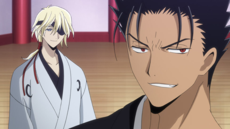 clamp, fai d. flowright, kurogane, tagme, black hair, blonde hair, eyepatch, japanese clothes, kimono, red eyes, smile