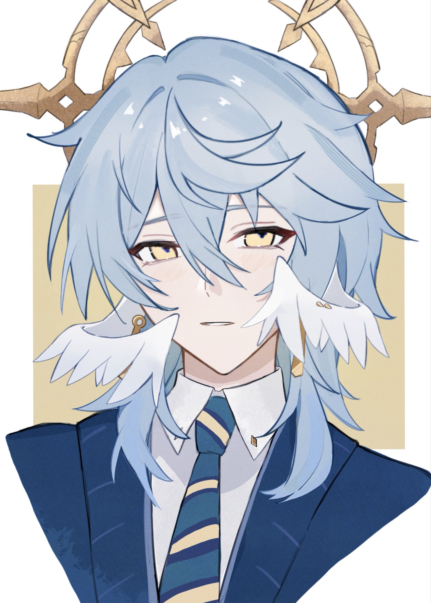 sunday (brilliant youth) (honkai: star rail), sunday (honkai: star rail), honkai: star rail, honkai (series), commentary request, highres, 1boy, blue hair, blue jacket, blue necktie, border, cropped shoulders, diagonal-striped clothes, diagonal-striped necktie, earrings, ebi mayo03, feathered wings, gold earrings, hair between eyes, halo, halo behind head, head wings, jacket, jewelry, light blush, looking at viewer, male focus, medium hair, necktie, outside border, parted lips, shirt, solo, striped clothes, white border, white shirt, white wings, wings, yellow background, yellow eyes, yellow halo