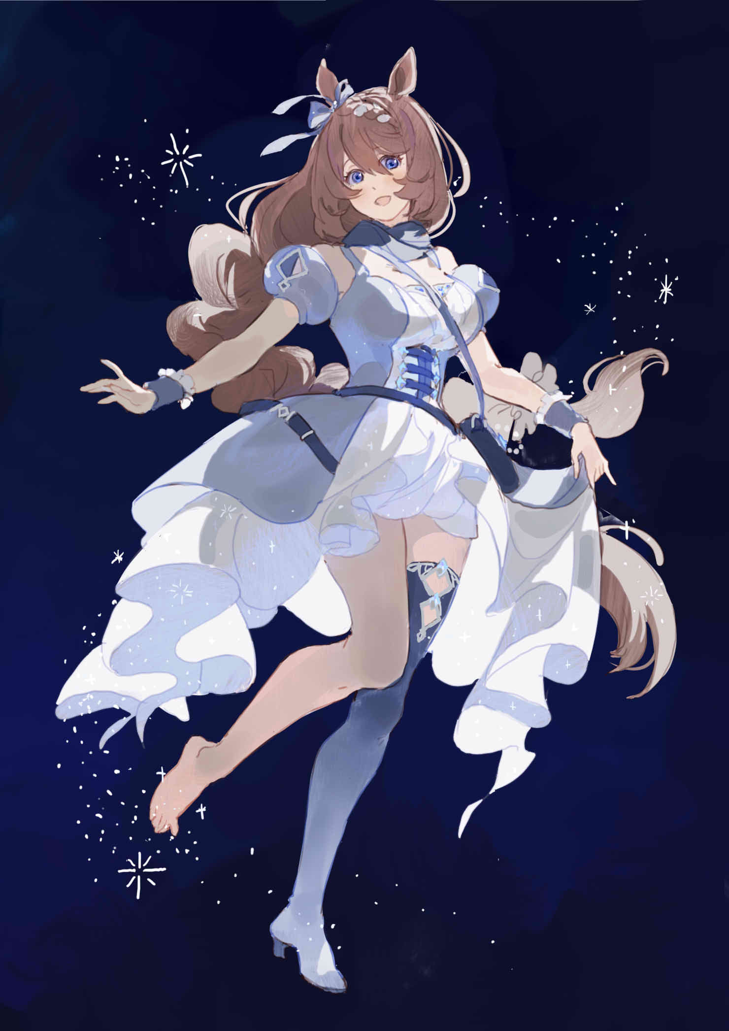 ai-wa, super creek (murmuring stream) (umamusume), super creek (umamusume), umamusume, commentary, english commentary, highres, 1girl, animal ears, bag, between breasts, black boots, blue background, blue bag, blue dress, blue eyes, blush, boots, bow, braid, braided ponytail, breasts, brown hair, dress, ear bow, full body, hair between eyes, high heel boots, high heels, horse ears, horse girl, horse tail, large breasts, long hair, looking at viewer, multicolored hair, open mouth, short dress, shoulder bag, simple background, single bare foot, single boot, single thigh boot, smile, solo, star (symbol), strap between breasts, streaked hair, tail, thigh boots, very long hair, white hair, wrist cuffs