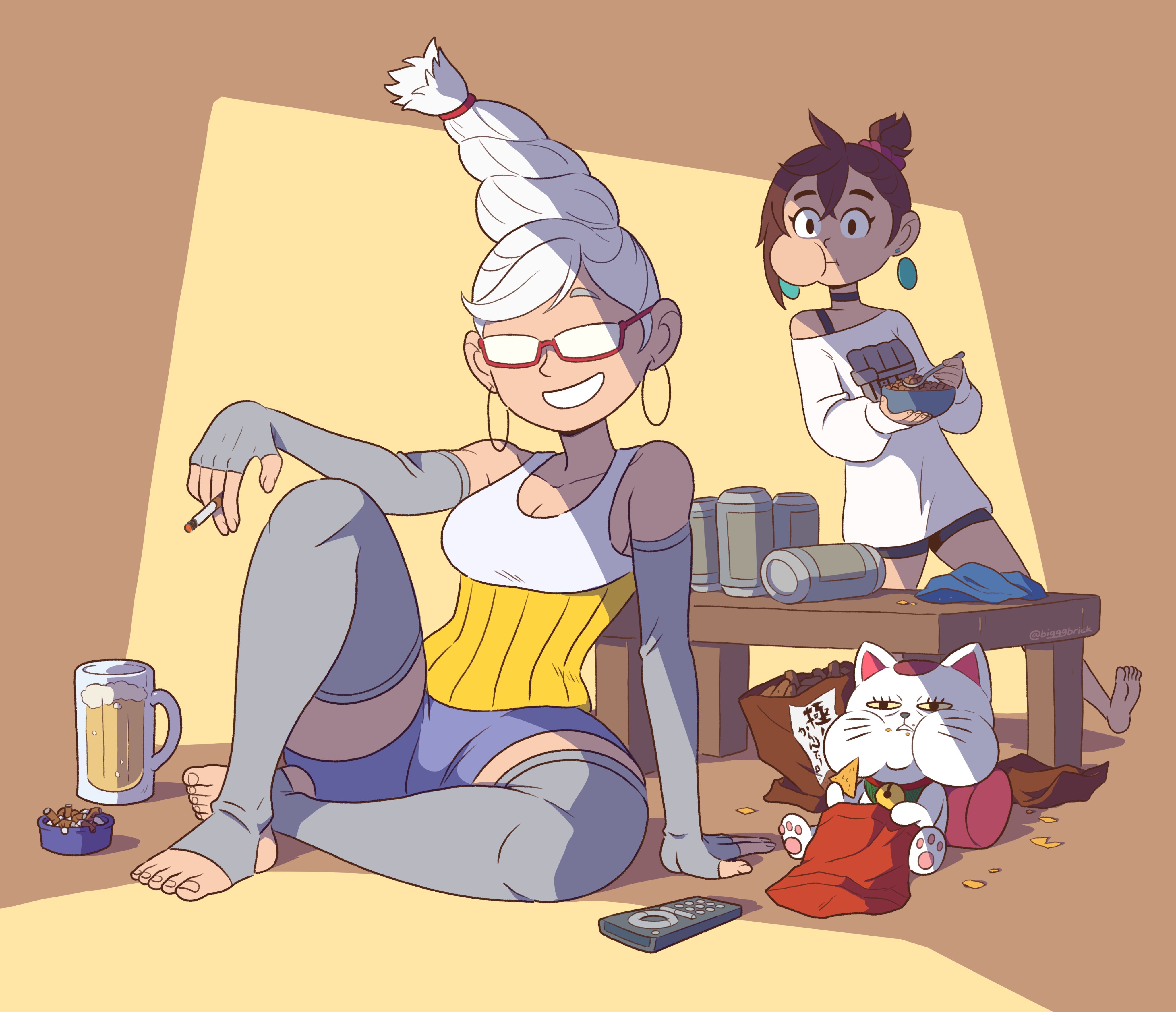 bigggbrick, ayase momo, ayase seiko, turbo granny (dandadan), dandadan, absurdres, highres, 2girls, ashtray, bare shoulders, barefoot, beer mug, black choker, black shorts, blue shorts, bowl, breasts, can, cat, chewing, chips (food), choker, cigarette, cleavage, controller, crossed bangs, cup, earrings, eating, elbow gloves, fingerless gloves, food, food in mouth, full body, glasses, gloves, grandmother and granddaughter, grey gloves, grey thighhighs, grin, hair between eyes, hair ornament, hair scrunchie, holding, holding bowl, holding cigarette, holding spoon, hoop earrings, jewelry, long hair, medium breasts, medium hair, mug, multiple girls, off-shoulder sweater, off shoulder, ponytail, print sweater, remote control, scrunchie, shirt, short ponytail, shorts, single bare shoulder, sitting, smile, smoking, spoon, sweater, swept bangs, teeth, thighhighs, toeless legwear, underbust, updo, watching television, white hair, white shirt, white sweater, yellow eyes