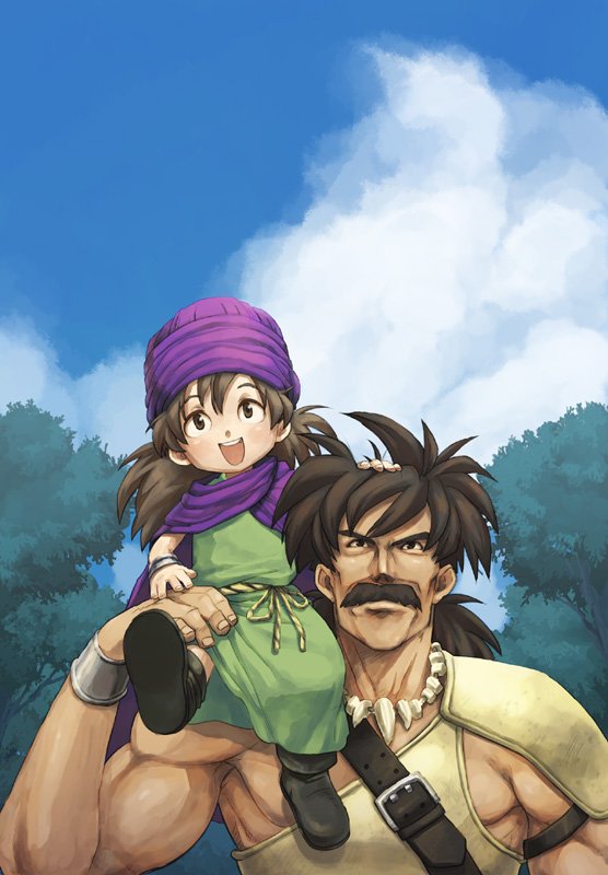 hero (dq5), papas, dragon quest, dragon quest v, 1boy, 1girl, age difference, aged down, armor, child, day, father and son, hand on another's head, jewelry, low ponytail, male focus, necklace, outdoors, pauldrons, ponytail, shoulder armor, sky, tooth necklace, turban