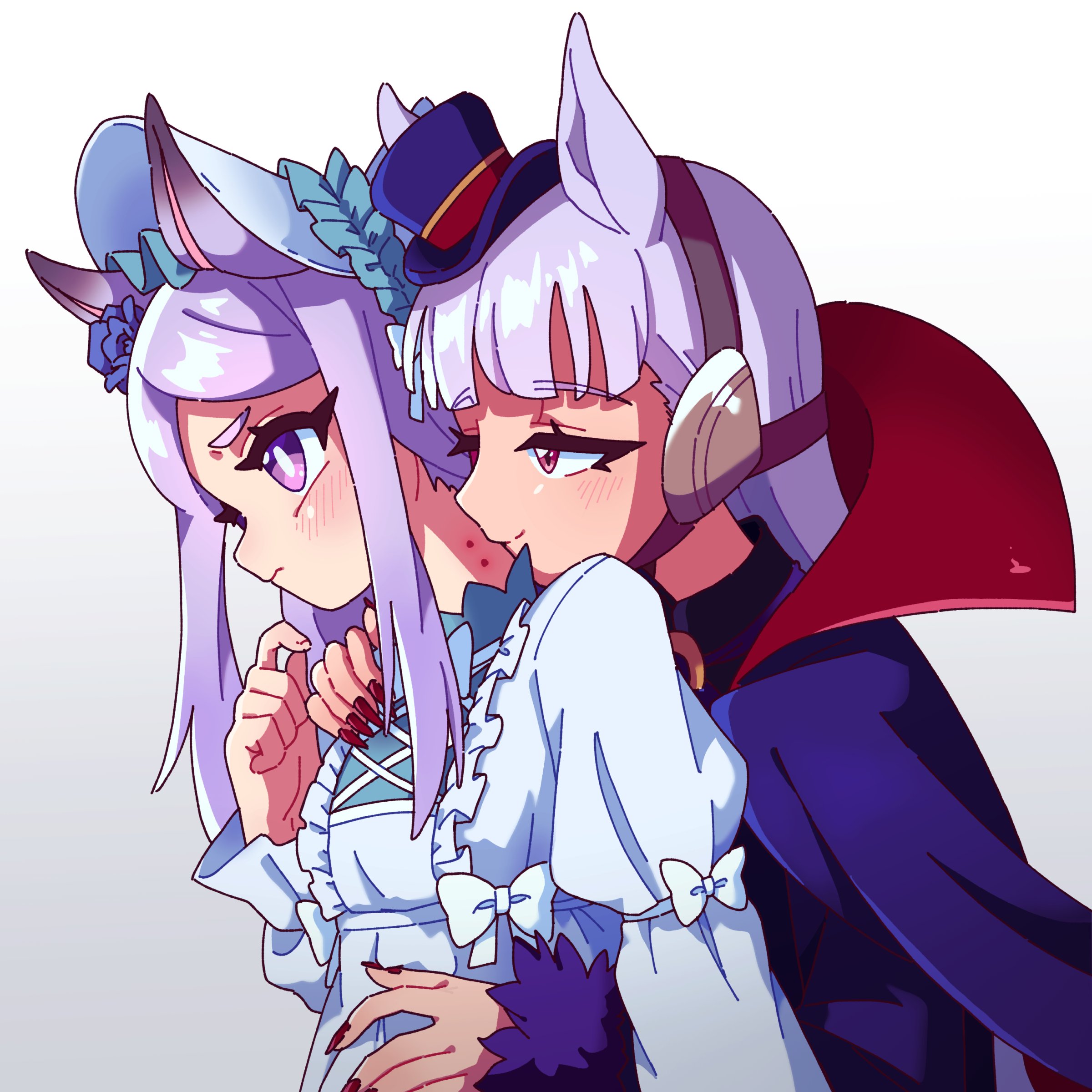 kitnoko, gold ship (umamusume), mejiro mcqueen (umamusume), umamusume, absurdres, highres, 2girls, alternate costume, animal ears, bite mark, blue bonnet, blunt bangs, blush, bonnet, breasts, cape, closed mouth, dress, ear flower, flower, frills, grey hair, hair flower, hair ornament, halloween costume, hat, horse ears, horse girl, hug, hug from behind, long hair, long sleeves, mini hat, mini top hat, multiple girls, popped collar, purple cape, purple eyes, purple hair, red nails, simple background, smile, top hat, upper body, vampire costume, white dress, yuri