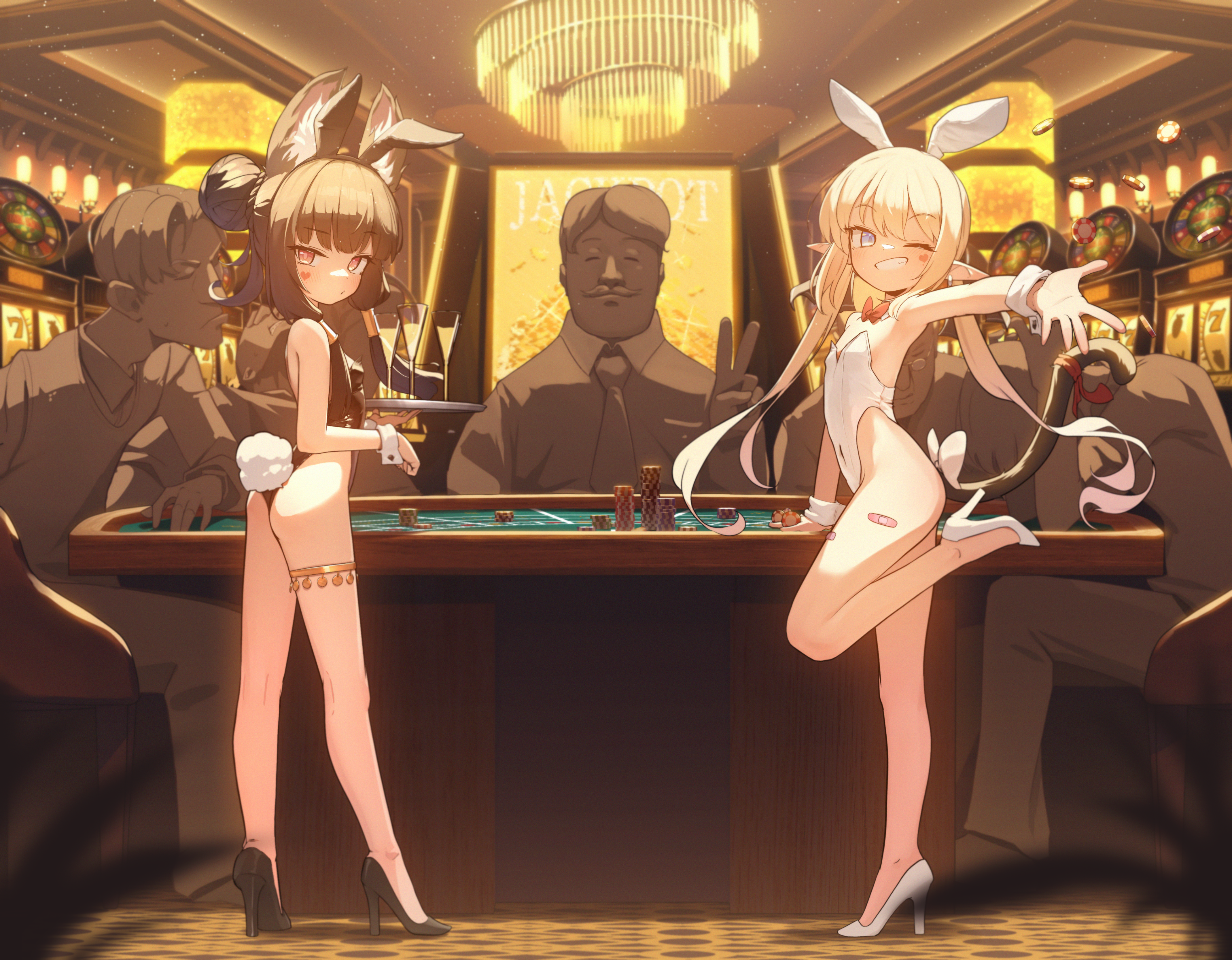 domado, original, absurdres, commentary, commission, highres, pixiv commission, 2girls, 5boys, alcohol, animal ear fluff, animal ear hairband, animal ears, ass, bandaid, bandaid on leg, black hair, black leotard, black shoes, blonde hair, blue eyes, bow, bowtie, braid, breasts, bun with braided base, casino, casino card table, cat tail, closed eyes, cocktail glass, collared shirt, covered navel, cup, detached collar, dress shirt, drinking glass, facial hair, facial mark, fake animal ears, fake tail, flat chest, grin, hair bun, hairband, heart, heart facial mark, high heels, highleg, highleg leotard, holding, holding tray, indoors, leotard, long hair, looking at viewer, multiple boys, multiple girls, mustache, neck, one eye closed, outstretched arm, playboy bunny, pointy ears, poker chip, pumps, rabbit ear hairband, rabbit ears, rabbit tail, red bow, red bowtie, red eyes, shirt, shoes, short hair, sitting, slot machine, small breasts, smile, standing, standing on one leg, strapless, strapless leotard, table, tail, thigh strap, tray, twintails, v, very long hair, white leotard, white shoes, white wrist cuffs, wrist cuffs