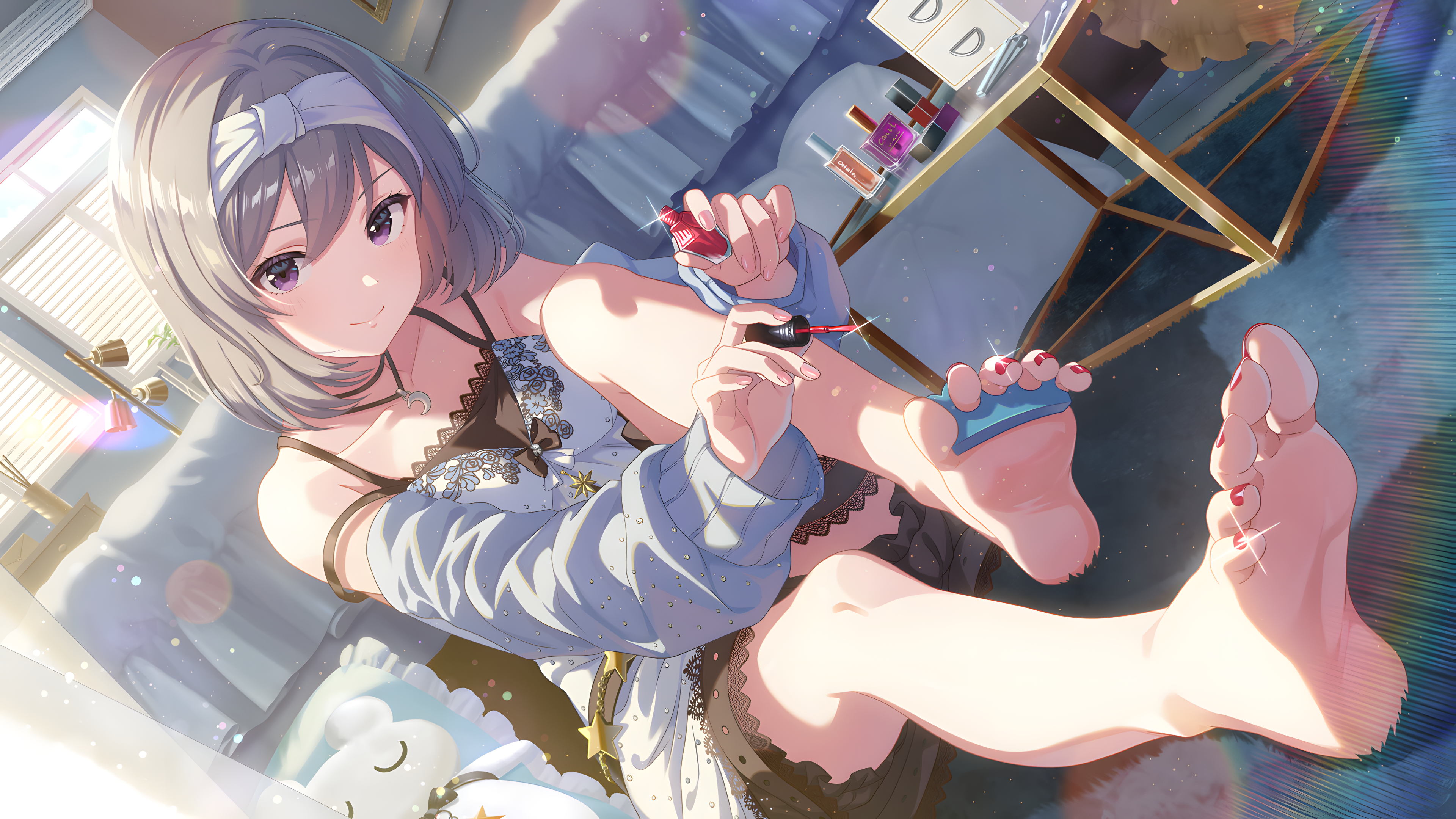 kanzaki rio, idoly pride, absurdres, highres, official art, 1girl, barefoot, feet, grey hair, looking at viewer, medium hair, nail polish, purple eyes, smile, soles, toenail polish, toenails, toes