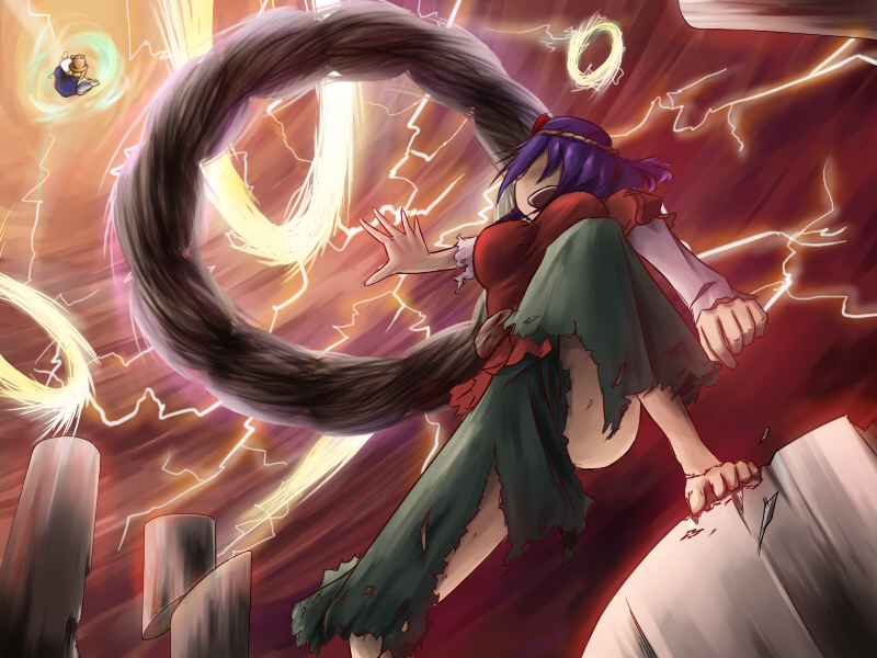 tetsuji, moriya suwako, yasaka kanako, touhou, 2girls, barefoot, battle, chakram, feet, female focus, hat, lightning, moriya's iron rings, multiple girls, purple hair, rope, shimenawa, short hair, torn clothes, weapon