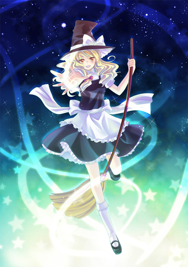 momoko (momoko14), momoko (pixiv), kirisame marisa, touhou, bad id, bad pixiv id, 1girl, blonde hair, broom, dress, female focus, hat, solo, star (symbol), witch, witch hat, yellow eyes
