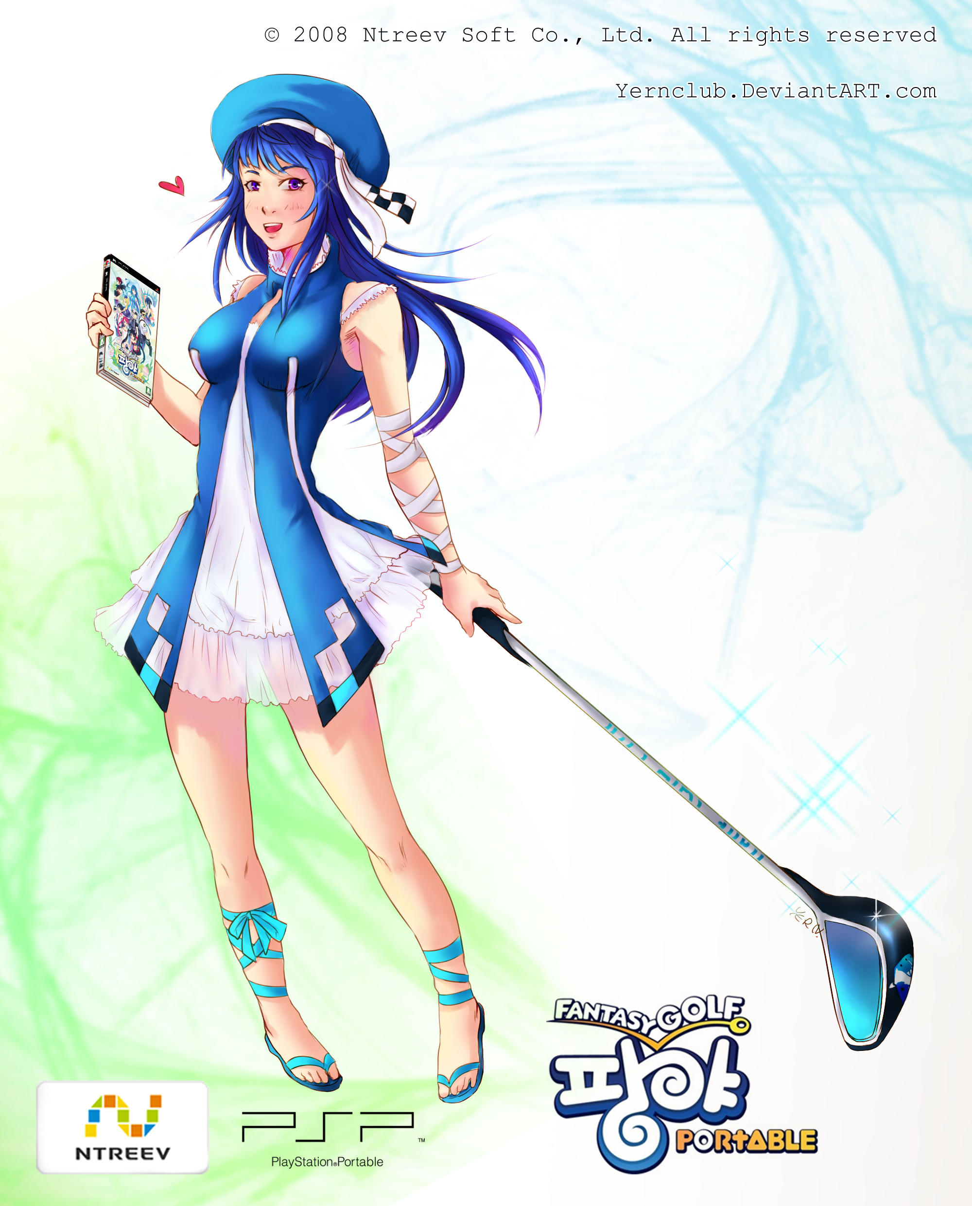 yern, yern (pixiv656821), arin (pangya), pangya, absurdres, highres, 1girl, blue hair, female focus, golf club, hat, long hair, purple eyes, solo