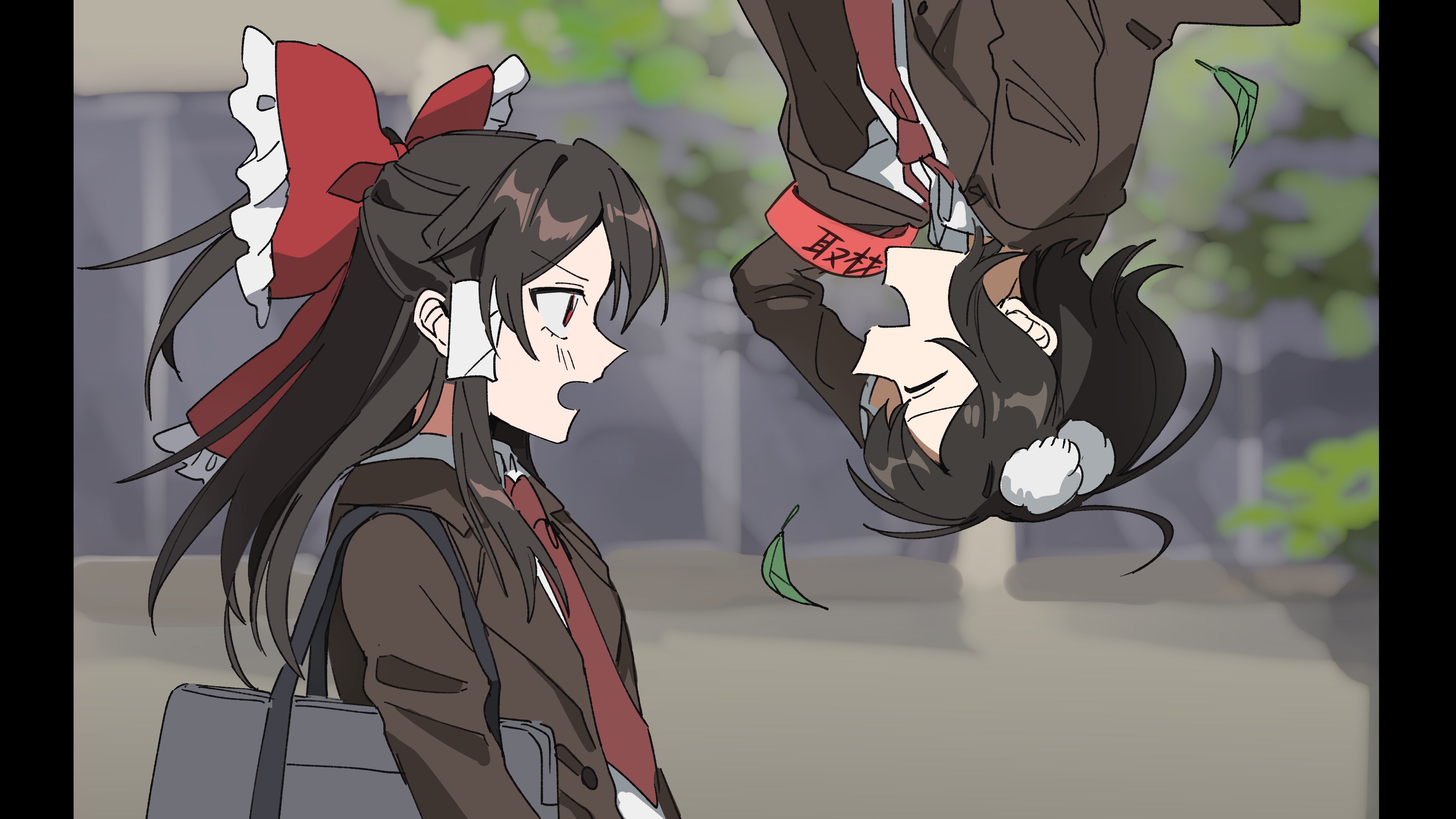 uehara suiyo, hakurei reimu, shameimaru aya, touhou, absurdres, commentary request, highres, alternate costume, annoyed, armband, bag, bow, brown hair, brown jacket, closed eyes, collared jacket, collared shirt, from side, hair tubes, jacket, leaf, long hair, long sleeves, looking at another, medium hair, necktie, open mouth, outdoors, pom pom (clothes), ponytail, red armband, red bow, red eyes, red necktie, school, school bag, school uniform, shirt, smile, upside-down, white shirt