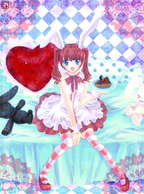 momoko (momoko14), momoko (pixiv), original, bad id, bad pixiv id, 1girl, animal ears, blue eyes, cake, dress, female focus, food, heart, pastry, rabbit ears, red hair, solo, striped clothes, striped thighhighs, stuffed animal, stuffed rabbit, stuffed toy, thighhighs, twintails