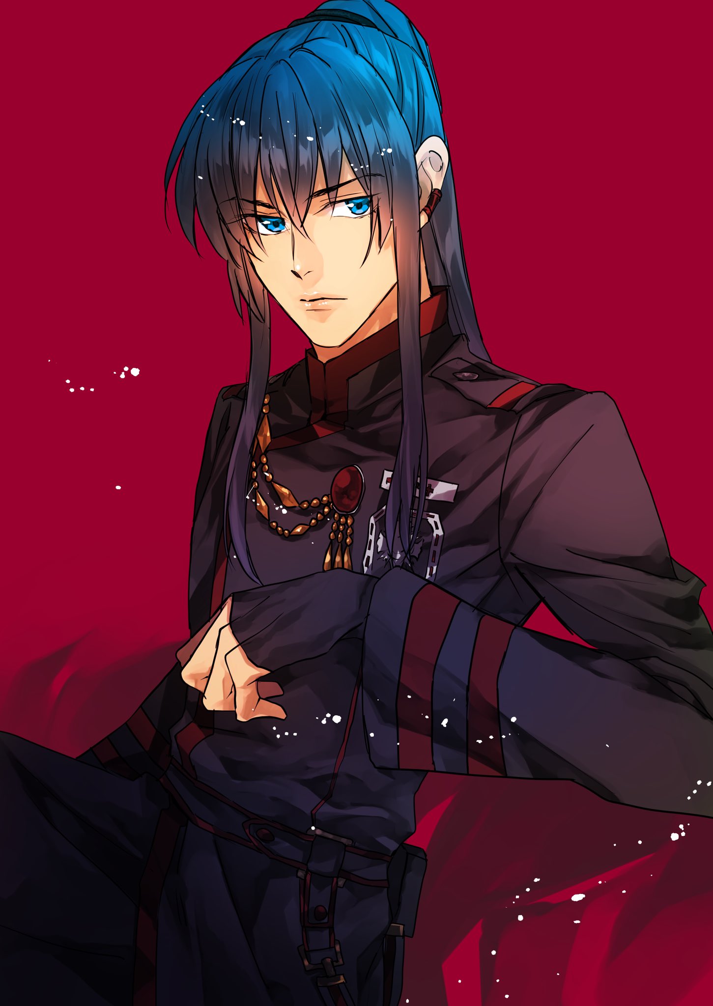 kanda yuu, d.gray-man, highres, 1boy, badge, belt, black coat, black gloves, black order uniform, blue eyes, blue hair, chain, coat, cross, ear piercing, elbow rest, fingerless gloves, frown, gloves, gold chain, gradient hair, hair between eyes, high ponytail, koshian (mruc9), long coat, long hair, looking to the side, male focus, military, military uniform, multicolored hair, parted bangs, piercing, ponytail, purple hair, red background, sidelocks, sitting, solo, sparkle, striped coat, vertical-striped coat