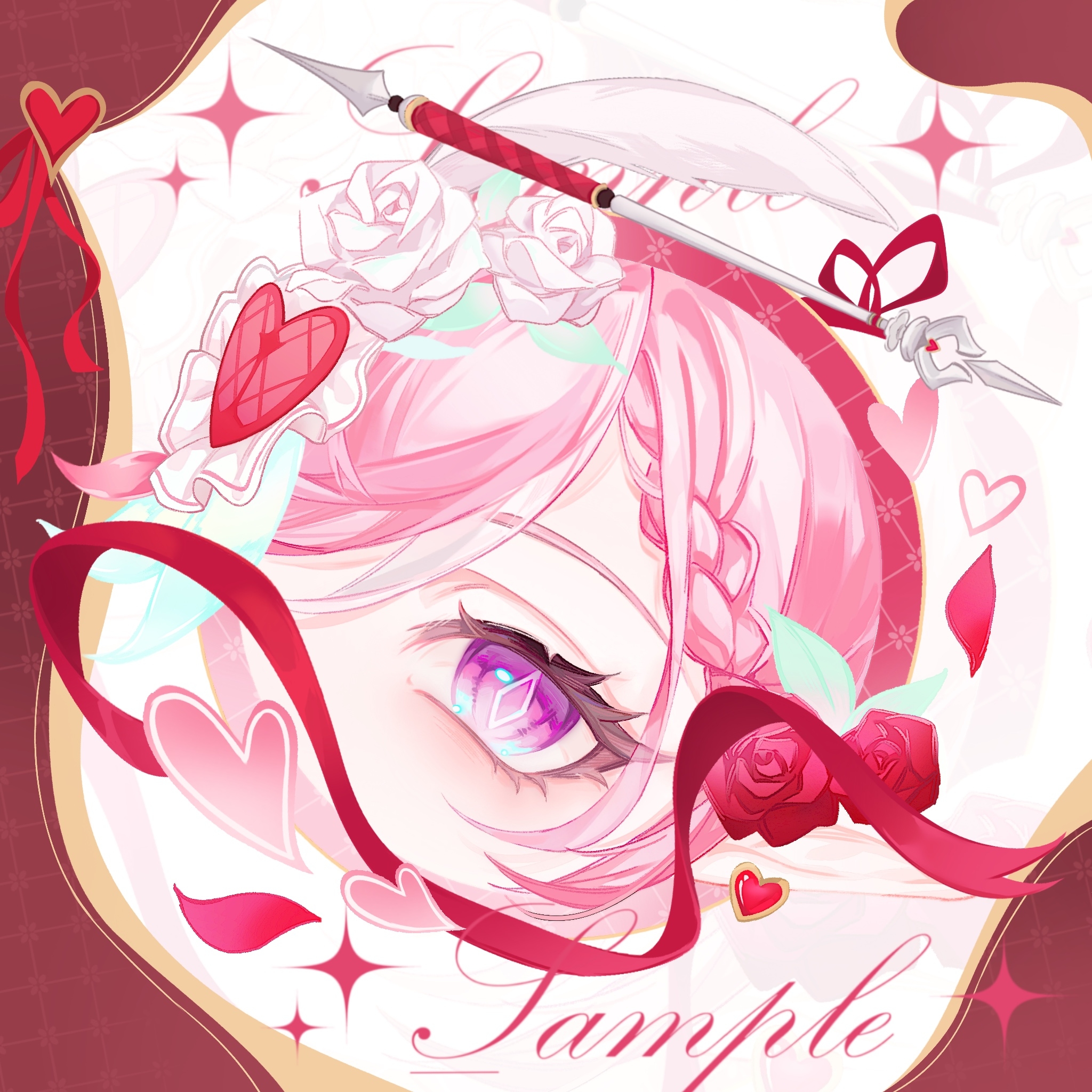hyurns, elysia (hi love elf) (honkai impact), elysia (honkai impact), honkai (series), honkai impact 3rd, chinese commentary, commentary request, highres, 1girl, diamond-shaped pupils, diamond (shape), eye focus, falling petals, flower, heart, petals, pink hair, purple eyes, red flower, red rose, rose, sample watermark, solo, symbol-shaped pupils, wand, watermark