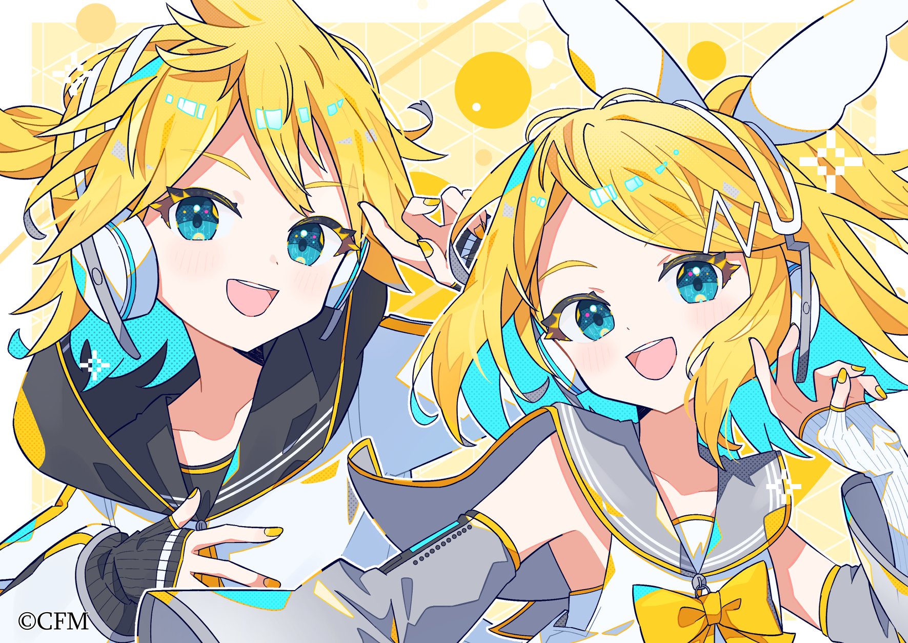 aramedraw, kagamine len, kagamine len (nt), kagamine rin, kagamine rin (nt), vocaloid, commentary request, highres, official art, 1boy, 1girl, :d, bare shoulders, black sailor collar, blonde hair, blue eyes, bow, bowtie, brother and sister, copyright notice, detached sleeves, double-parted bangs, grey sailor collar, grey sleeves, hand up, headset, light blush, long sleeves, looking at viewer, nail polish, open mouth, parted bangs, sailor collar, shirt, short hair, siblings, smile, twins, upper body, white shirt, yellow bow, yellow bowtie, yellow nails