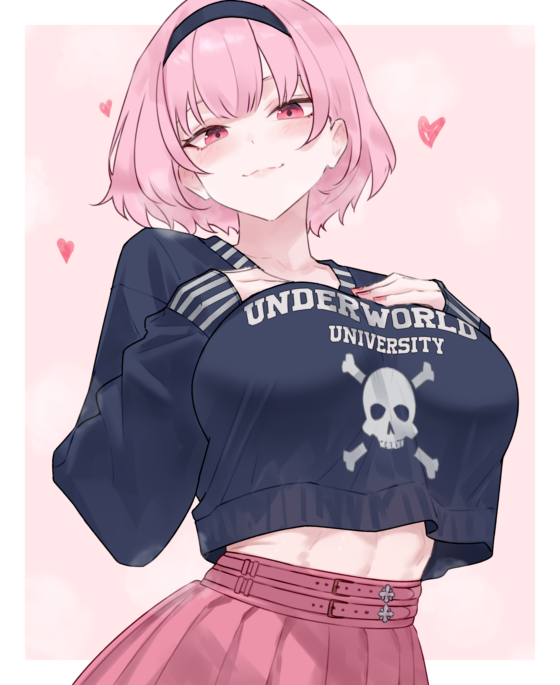bluefield, mori calliope, mori calliope (kawaiiope), hololive, hololive english, absurdres, highres, 1girl, belt, blue hairband, blue jacket, blush, breasts, closed mouth, collarbone, college shirt, fingernails, hairband, hands on own chest, heart, huge breasts, jacket, long sleeves, looking at viewer, medium hair, midriff peek, nail polish, official alternate costume, official alternate hair length, official alternate hairstyle, pink background, pink belt, pink eyes, pink hair, pink lips, pink nails, pink skirt, print jacket, skirt, skull print, sleeves past wrists, smile, smug, solo, virtual youtuber, white background