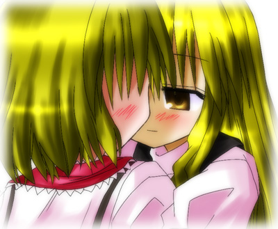 murabito, alice margatroid, kirisame marisa, touhou, lowres, 2girls, blonde hair, blush, female focus, hug, multiple girls, upper body, white background, yuri