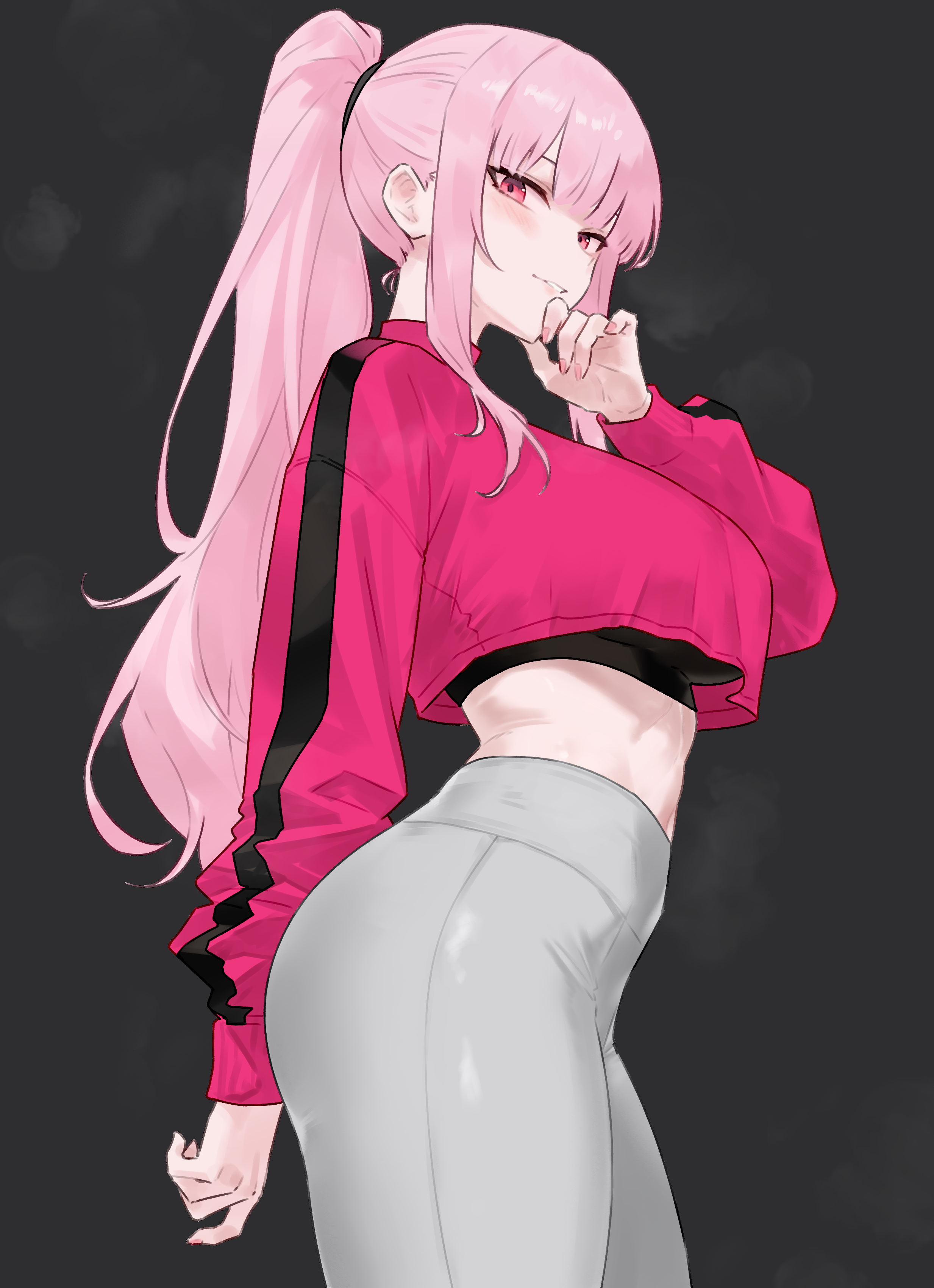 bluefield, mori calliope, hololive, hololive english, absurdres, commentary, highres, 1girl, alternate costume, blunt bangs, blush, breasts, covered underboob, cowboy shot, fingernails, from side, grey background, grey pants, hand up, high-waist pants, high ponytail, large breasts, light smile, long hair, long sleeves, looking at viewer, midriff, outside border, pants, parted lips, pink eyes, pink hair, pink nails, pink shirt, ponytail, shirt, sidelocks, simple background, single sleeve past wrist, solo, steam, steaming body, virtual youtuber, yoga pants