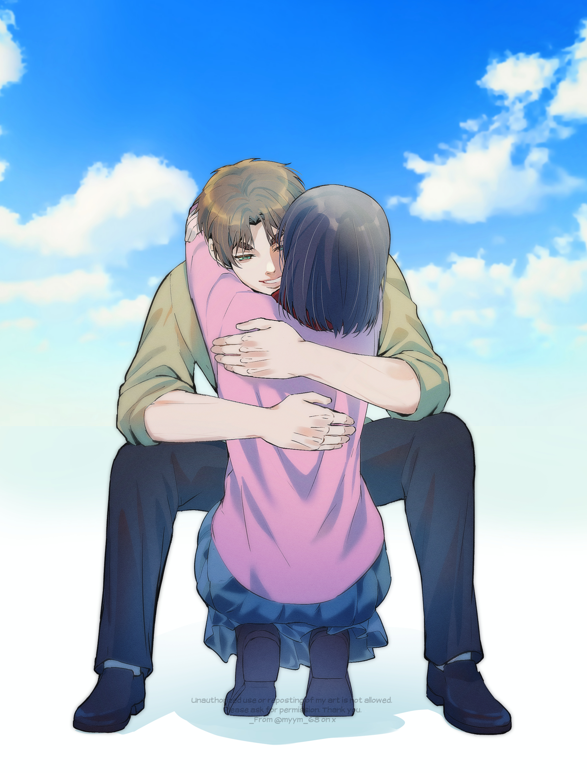 myym 68, eren yeager, mikasa ackerman, shingeki no kyojin, absurdres, highres, 1boy, 1girl, arms around neck, black hair, black pantyhose, black shoes, blue skirt, blue sky, brown hair, cardigan, cloud, cloudy sky, couple, full body, grey shirt, hetero, hug, long skirt, medium hair, pantyhose, parted bangs, parted lips, pink cardigan, pleated skirt, red scarf, scarf, shirt, shoes, short hair, sitting, skirt, sky, smile, squatting