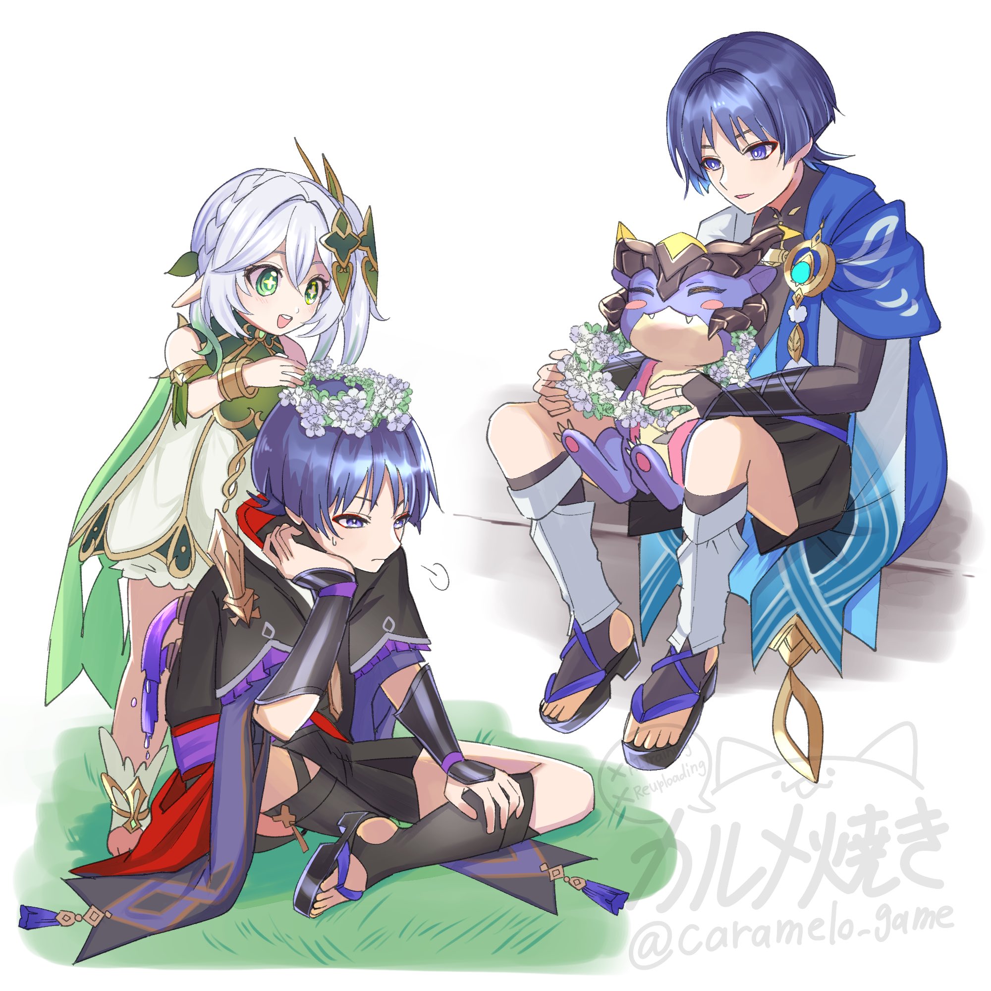 caramelo game, mini durin (dragon) (genshin impact), mini durin (genshin impact), nahida (genshin impact), scaramouche (genshin impact), wanderer (genshin impact), genshin impact, toeless socks, highres, 1girl, 2boys, anklet, aqua gemstone, armlet, armor, behind another, between thighs, black bodysuit, black kimono, black sandals, black shorts, black sleeves, bloomers, blue cape, blunt ends, bodysuit, bracelet, bridal legwear, bright pupils, cape, closed mouth, colored tips, cross-shaped pupils, crossed bangs, detached sleeves, dragon, dress, dual persona, eyelashes, eyeliner, eyeshadow, feathers, flower, flower wreath, frilled sleeves, frills, furisode, gem, gold, gold trim, grass, green cape, green eyes, green hair, green sleeves, hair between eyes, hair ornament, hakama, hakama shorts, half crown braid, hand on own chin, japanese armor, japanese clothes, jewelry, juban, kimono, kote, kurokote, layered sleeves, leaf, leaf hair ornament, leg warmers, long hair, looking to the side, makeup, mandarin collar, multicolored hair, multiple boys, on grass, parted lips, pleated shorts, pointy ears, pom pom (clothes), puff of air, purple eyes, purple hair, purple sash, purple sleeves, red eyeliner, red eyeshadow, red kimono, red sash, sandals, sash, short sleeves, shorts, shoulder peek, side ponytail, sidelocks, sitting, small dragon, socks, standing, stirrup legwear, sweatdrop, symbol-shaped pupils, tareme, tassel, toeless legwear, toes, tsurime, underwear, vision (genshin impact), watermark, white background, white bloomers, white dress, white flower, white hair, white kimono, white leg warmers, white pupils, white socks, white trim, yellow feathers, zouri