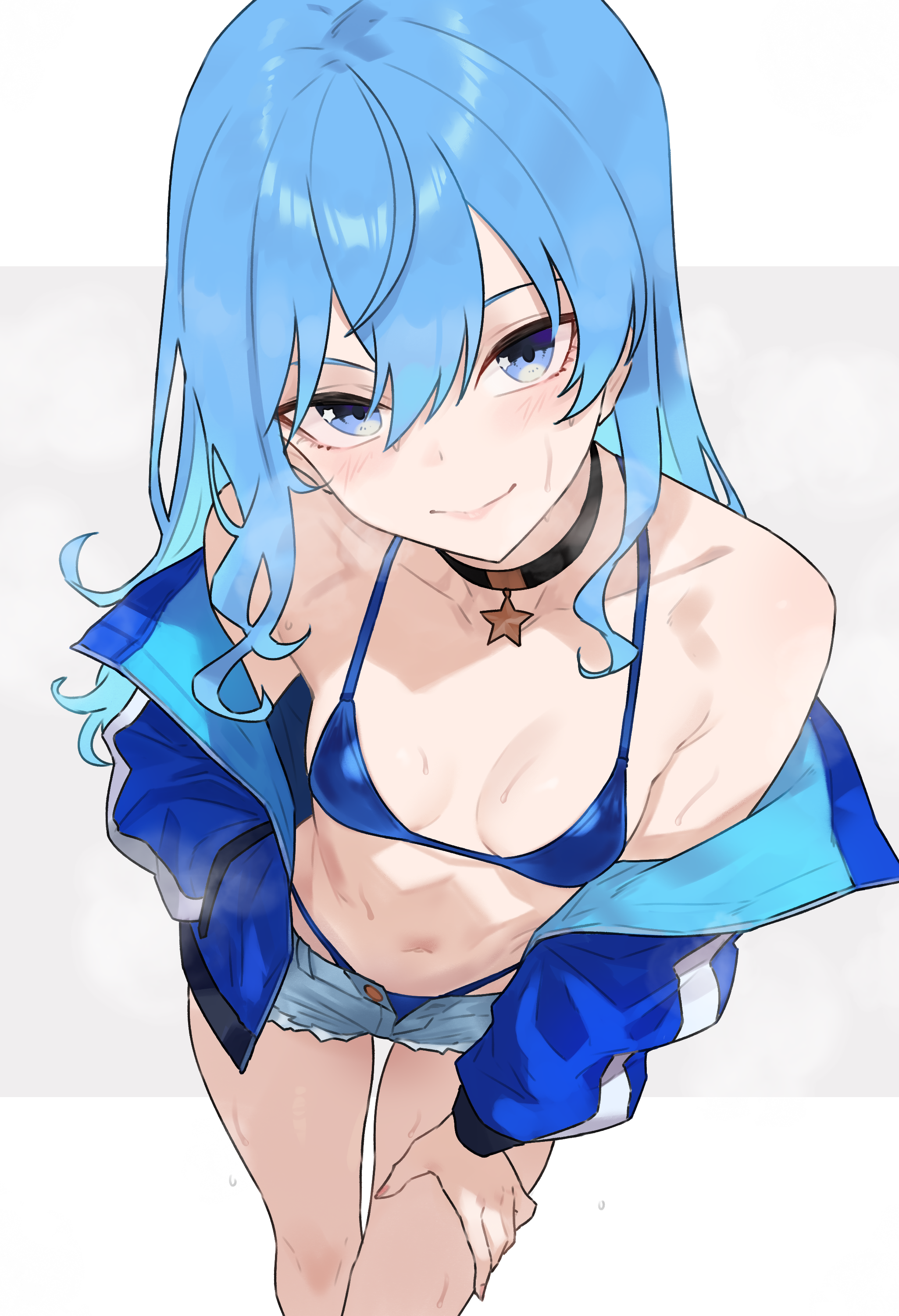 bluefield, hoshimachi suisei, hololive, absurdres, commentary, highres, 1girl, alternate costume, bikini, bikini bottom under shorts, bikini under clothes, black choker, blue bikini, blue eyes, blue hair, blue jacket, blue shorts, breasts, choker, cleavage, closed mouth, denim, denim shorts, double-parted bangs, grey background, hair between eyes, halterneck, jacket, leaning forward, long hair, long sleeves, looking at viewer, navel, off shoulder, open clothes, open fly, open jacket, short shorts, shorts, sidelocks, simple background, small breasts, solo, star (symbol), star in eye, stomach, swimsuit, symbol in eye, virtual youtuber, white background