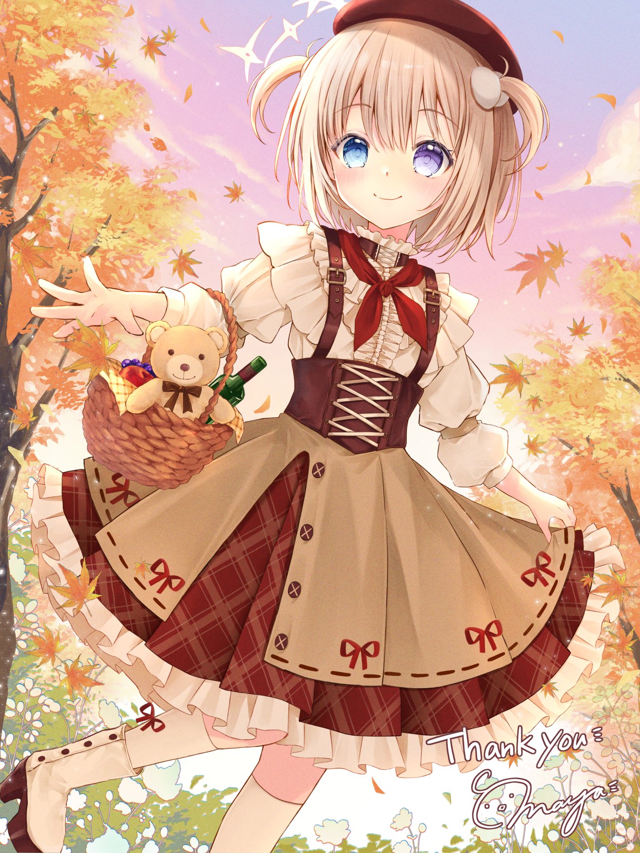 maya (tirolpop), original, commentary, commission, highres, skeb commission, symbol-only commentary, 1girl, autumn, autumn leaves, basket, blonde hair, blue eyes, blush, boots, bottle, brown skirt, closed mouth, evening, feet out of frame, frilled skirt, frills, hat, heterochromia, leaf, long sleeves, looking at viewer, neckerchief, outdoors, plaid clothes, plaid skirt, pleated skirt, purple eyes, red hat, red neckerchief, shirt, short hair, signature, skirt, smile, socks, solo, standing, stuffed animal, stuffed toy, suspender skirt, suspenders, teddy bear, thank you, two side up, white boots, white shirt, white socks