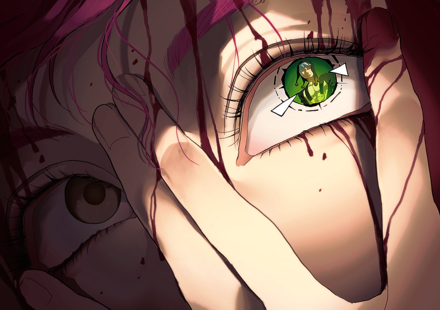 risotto nero, vinegar doppio, jojo no kimyou na bouken, vento aureo, 2boys, bare pectorals, black hat, blood, blood on face, blood on hands, eye focus, eye reflection, eyelashes, fingernails, green eyes, hands on own face, hat, injury, male focus, multiple boys, pectorals, peeking through fingers, reflection, solo focus, sos911p, white hair