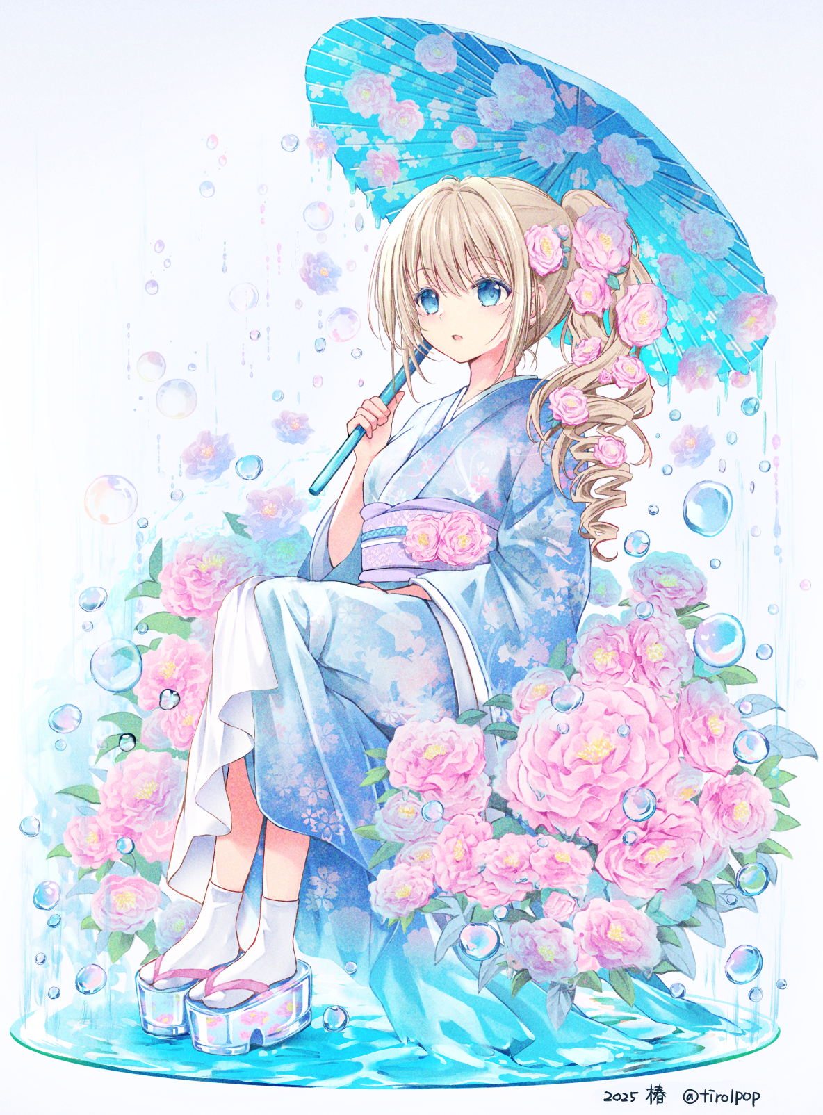 maya (tirolpop), original, commentary request, highres, 1girl, blonde hair, blue eyes, blue kimono, breasts, floral print, floral print kimono, flower, hair flower, hair ornament, holding, holding umbrella, japanese clothes, kimono, long hair, long sleeves, open mouth, parasol, platform sandals, print kimono, sandals, sash, sitting, socks, solo, tabi, umbrella, water drop, white socks