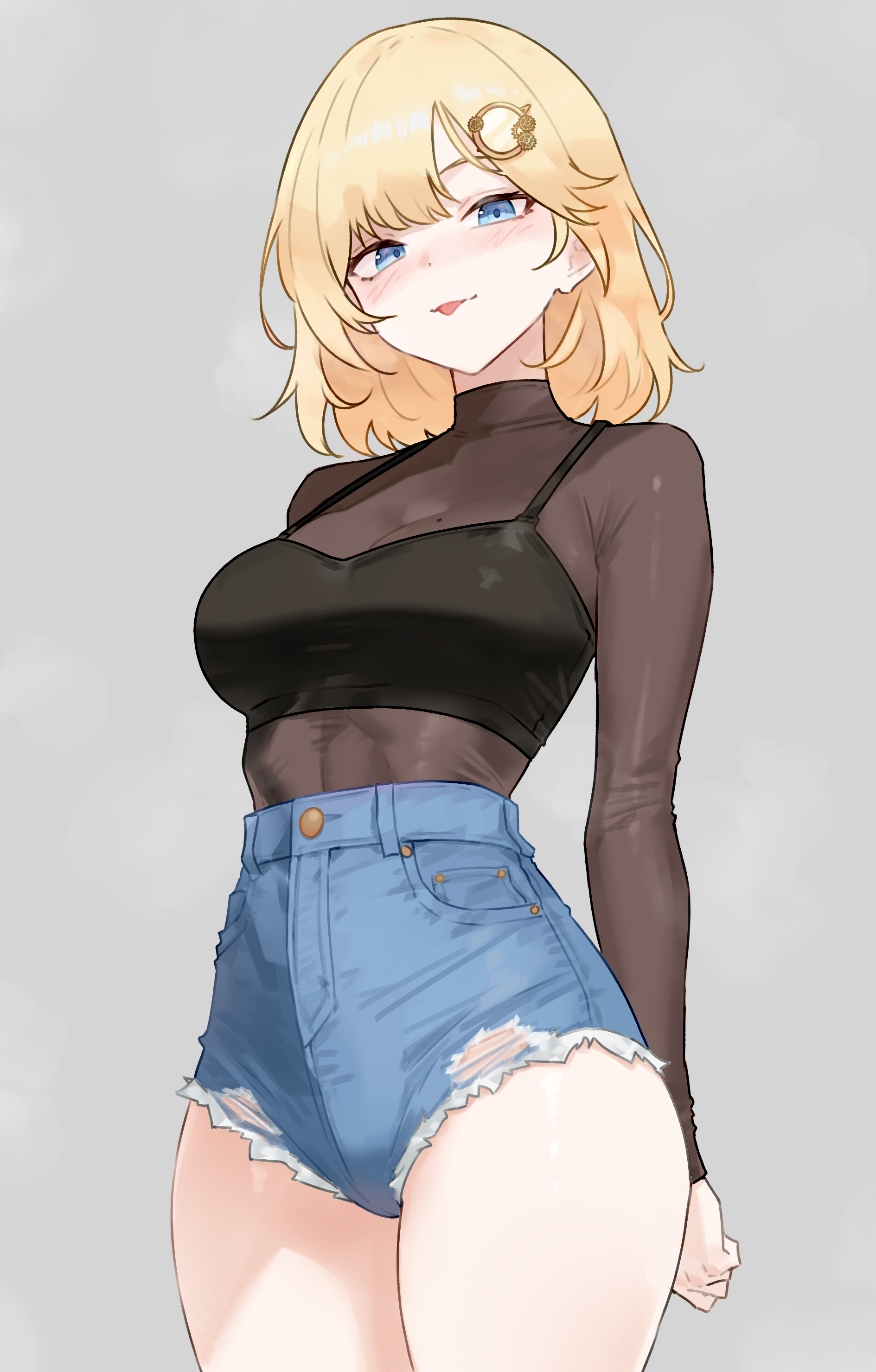 bluefield, watson amelia, hololive, hololive english, absurdres, commentary, highres, 1girl, :p, alternate costume, black tank top, blonde hair, blue eyes, blue shorts, breasts, cleavage, cowboy shot, denim, denim shorts, grey background, looking at viewer, medium breasts, see-through cleavage, see-through clothes, short hair, shorts, simple background, solo, tank top, thighs, tongue, tongue out, virtual youtuber