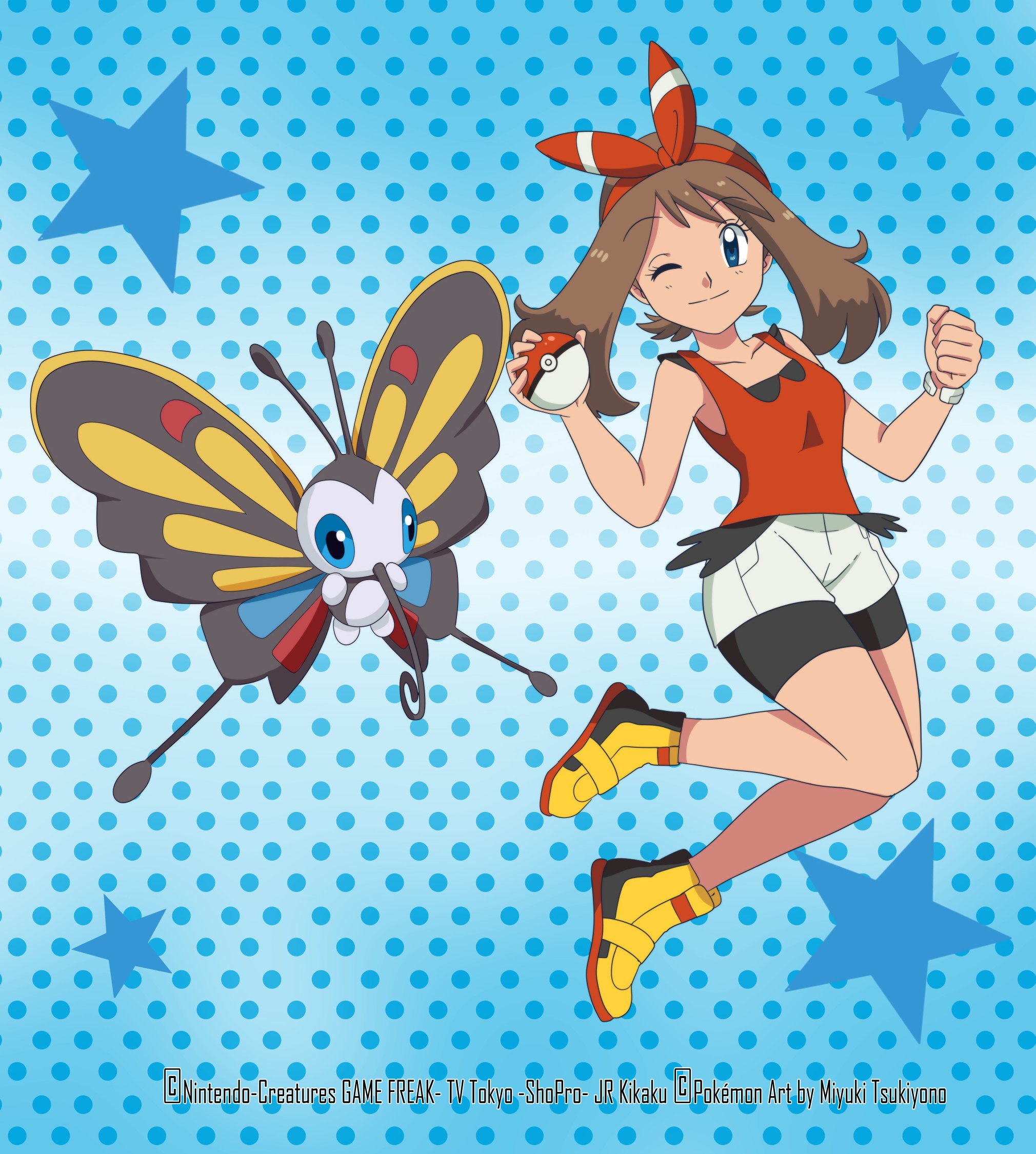 miyuki tsukiyono, beautifly, may (pokemon), nintendo, pokemon, pokemon (anime), pokemon oras, highres, 1girl, bike shorts, bike shorts under shorts, black shorts, blue background, blue eyes, bow, brown hair, colored sclera, fanny pack, gen 3 pokemon, hairband, holding, holding poke ball, one eye closed, poke ball, pokemon (creature), red hairband, red shirt, red tank top, shirt, shoes, short hair, shorts, sleeveless, sleeveless shirt, smile, tank top, white shorts, yellow sclera, yellow shoes