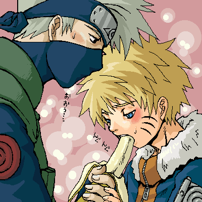 hatake kakashi, uzumaki naruto, naruto (classic), naruto (series), artist request, lowres, 2boys, banana, feeding, food, force-feeding, fruit, male focus, multiple boys, sexually suggestive, yaoi