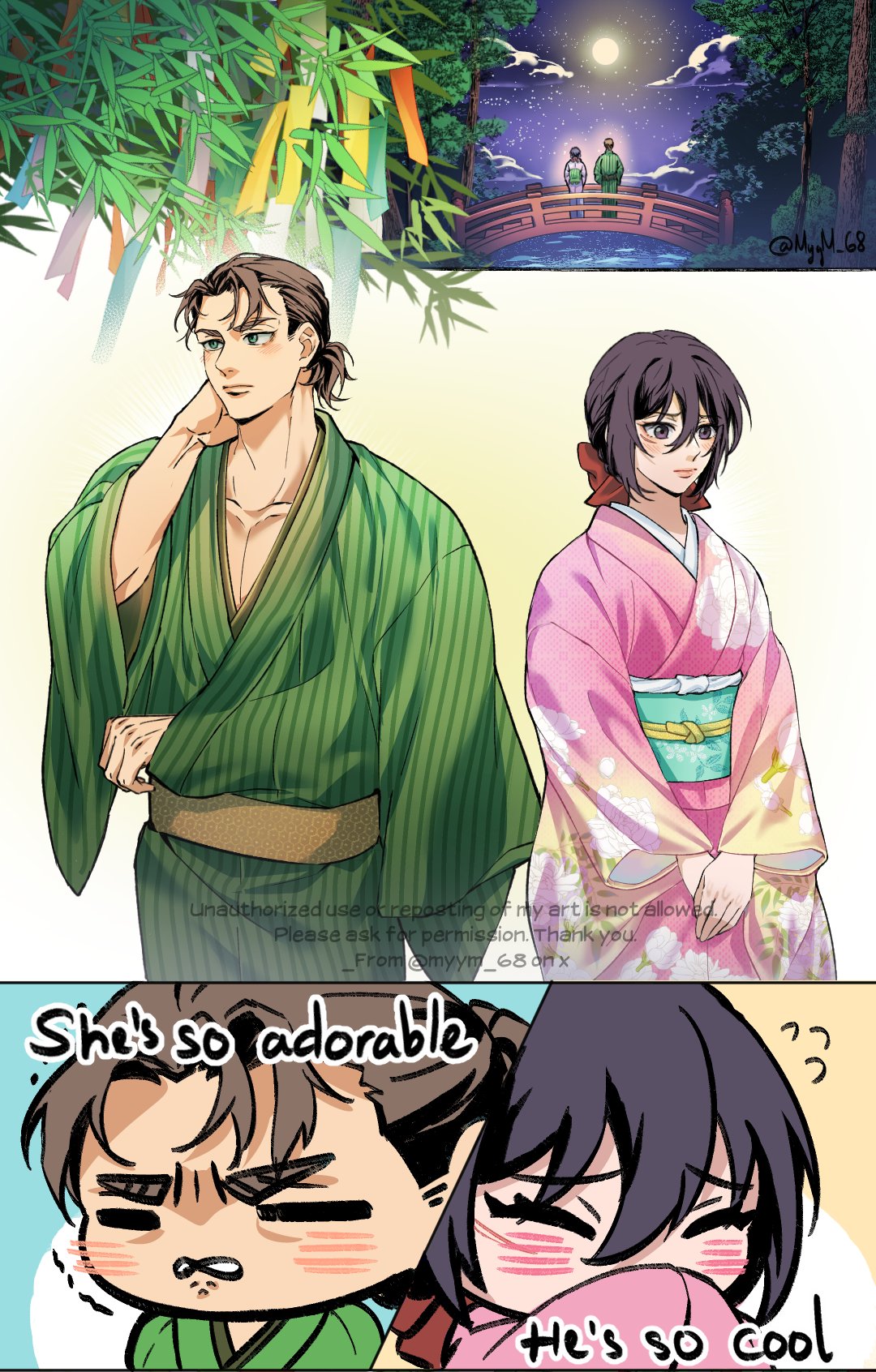 myym 68, eren yeager, mikasa ackerman, shingeki no kyojin, highres, 1boy, 1girl, bamboo, bamboo forest, blush, bow, bridge, brown hair, chibi, couple, cowboy shot, english text, facial scar, floral print, floral print kimono, forest, full moon, furrowed brow, green kimono, hair between eyes, hair bow, hand on own neck, hetero, japanese clothes, kimono, moon, nature, night, night sky, own hands together, parted bangs, pink kimono, ponytail, print kimono, red bow, scar, scar on cheek, scar on face, short ponytail, sky, striped clothes, striped kimono, twitter username, v arms