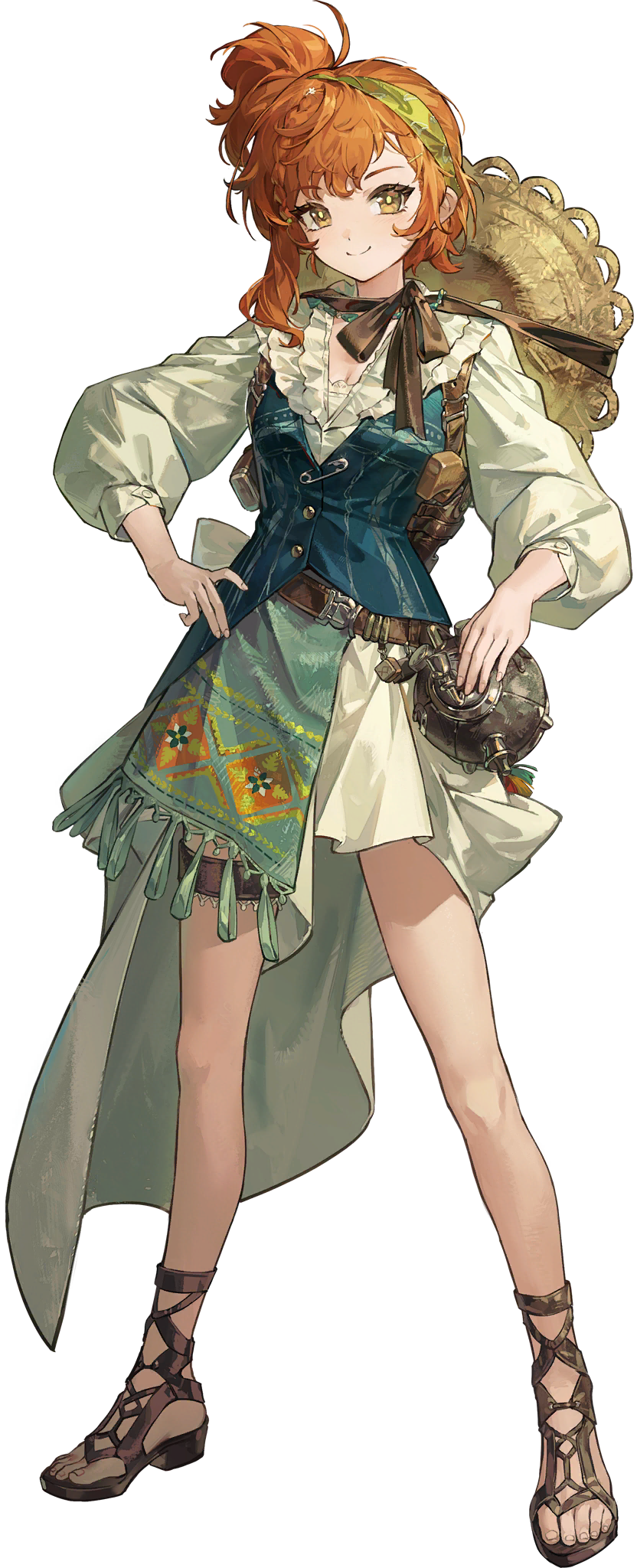lopera (reverse:1999), reverse:1999, artist request, highres, official art, third-party source, 1girl, asymmetrical skirt, bare legs, belt, blue vest, breasts, brown belt, closed mouth, collar, dot nose, frilled collar, frills, full body, green hairband, gun, hairband, half crown braid, hand on own hip, hand rest, hat, hat on back, high-low skirt, high side ponytail, holster, legs apart, loincloth, long sleeves, orange hair, puffy long sleeves, puffy sleeves, sandals, shirt, shoulder holster, side ponytail, simple background, skirt, small breasts, smile, solo, split mouth, standing, straw hat, tachi-e, tassel, thigh strap, transparent background, v-neck, vest, weapon, white shirt, white skirt, yellow eyes, yellow pupils