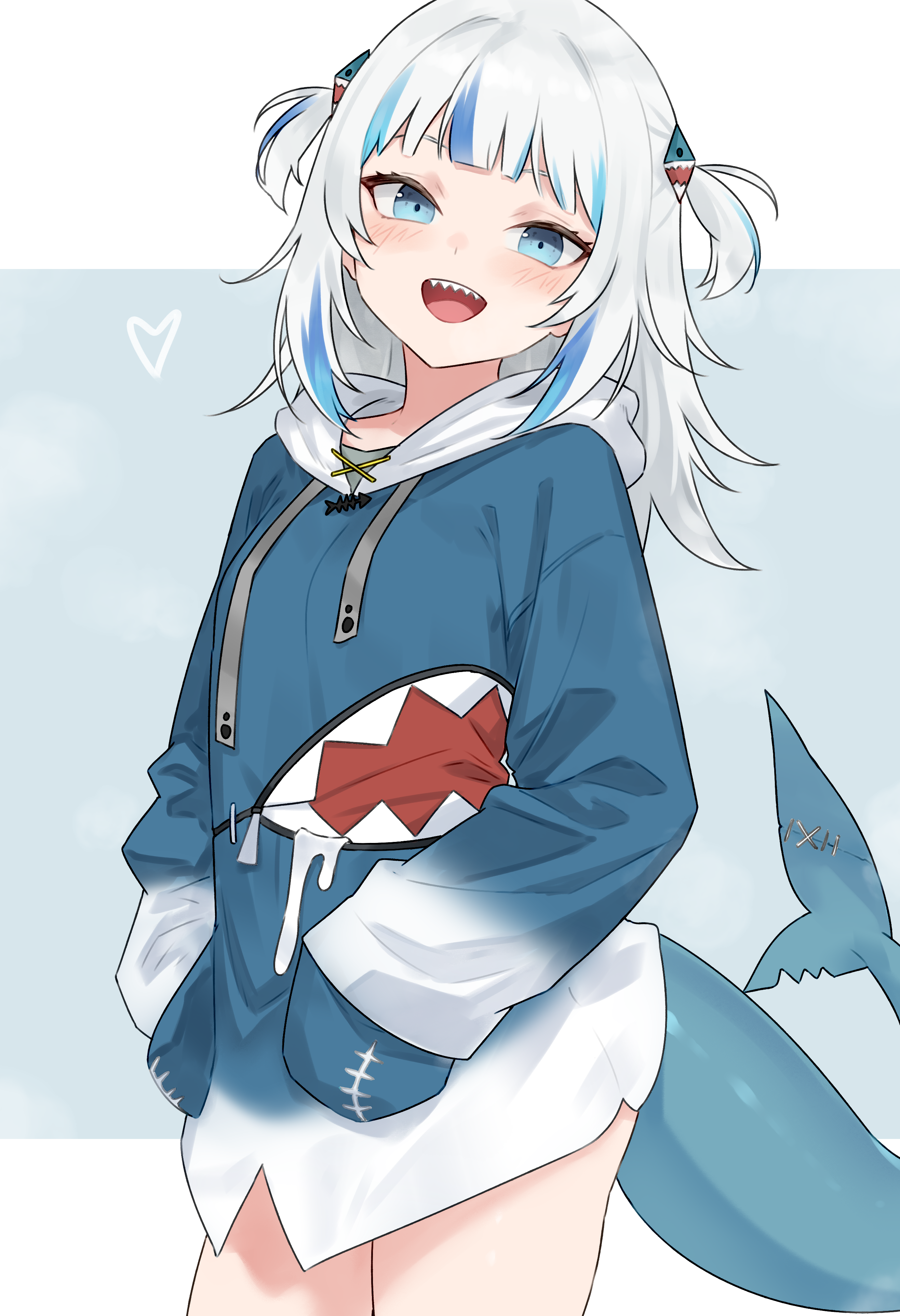 bluefield, gawr gura, gawr gura (1st costume), hololive, hololive english, absurdres, highres, 1girl, blue background, blue eyes, blue hair, blue jacket, blush, cowboy shot, fins, fish tail, hands in pockets, heart, jacket, long sleeves, looking at viewer, multicolored hair, open mouth, shark girl, shark tail, sharp teeth, solo, streaked hair, tail, teeth, thighs, two-tone background, two side up, virtual youtuber, white background, white hair