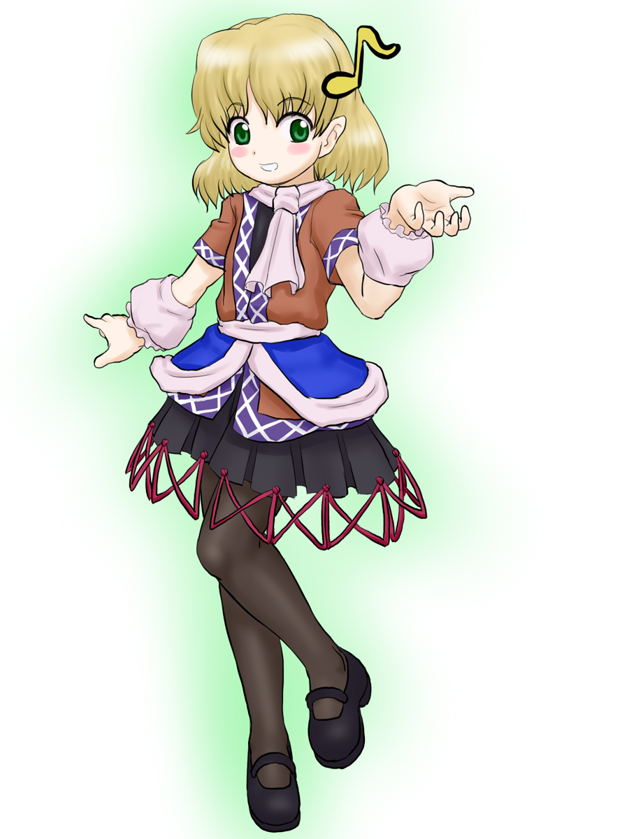 kuro suto sukii, mizuhashi parsee, touhou, highres, 1girl, arm warmers, black shoes, blonde hair, female focus, full body, gradient background, green eyes, pantyhose, scarf, shoes, short hair, simple background, solo, standing, white background