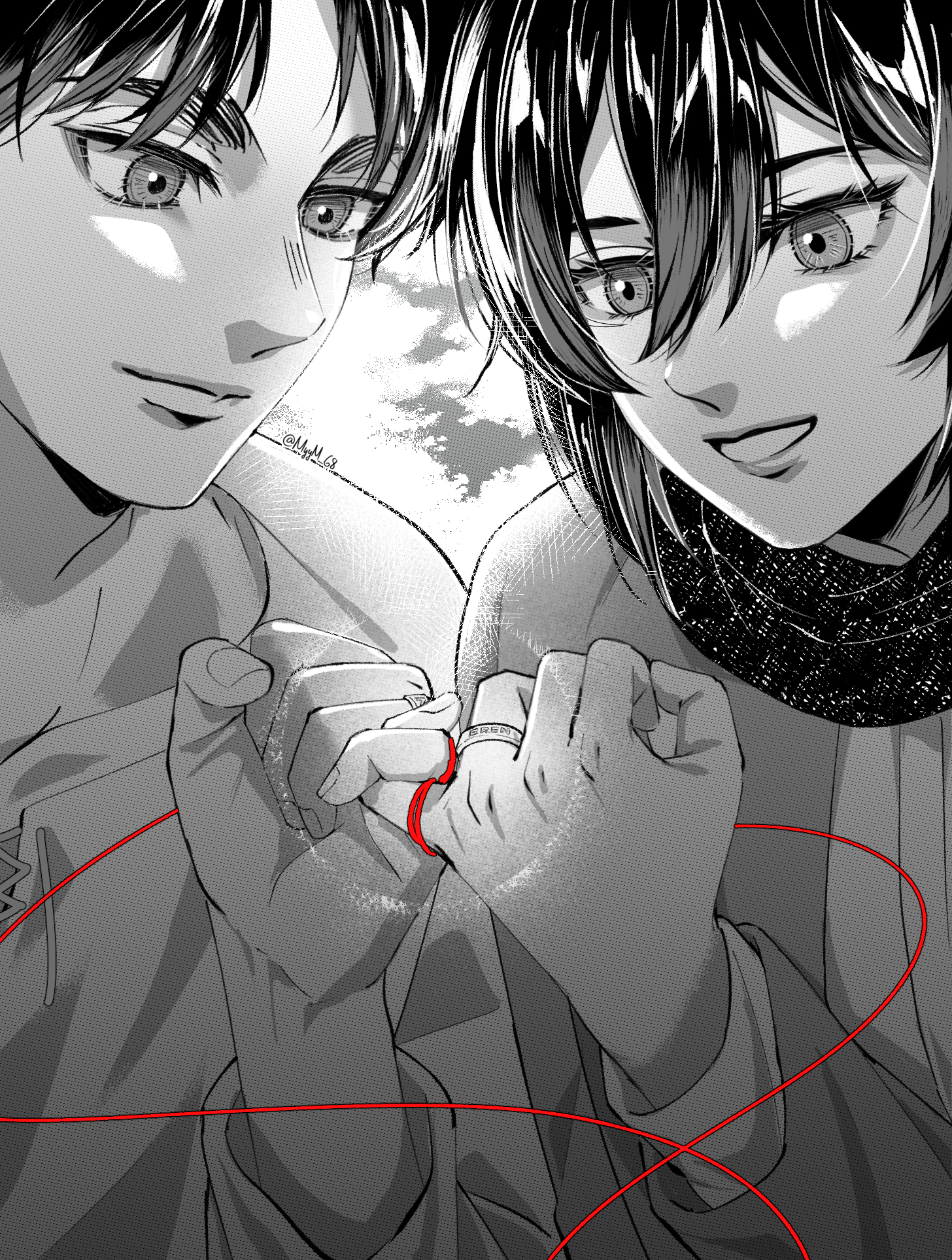 myym 68, eren yeager, mikasa ackerman, shingeki no kyojin, highres, 1boy, 1girl, cardigan, closed mouth, hair between eyes, monochrome, parted bangs, parted lips, pinky swear, scarf, shirt, short hair, smile, spot color, string, string of fate, twitter username, upper body, white shirt