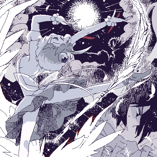 ito (pixiv110229), ahiru (princess tutu), fakir (princess tutu), princess tutu (character), princess tutu, lowres, 00s, 1boy, 1girl, ahoge, ballerina, ballet, ballet slippers, bare shoulders, feathers, footwear ribbon, from behind, monochrome, multiple monochrome, oekaki, pantyhose, quill, spot color, tutu, upskirt