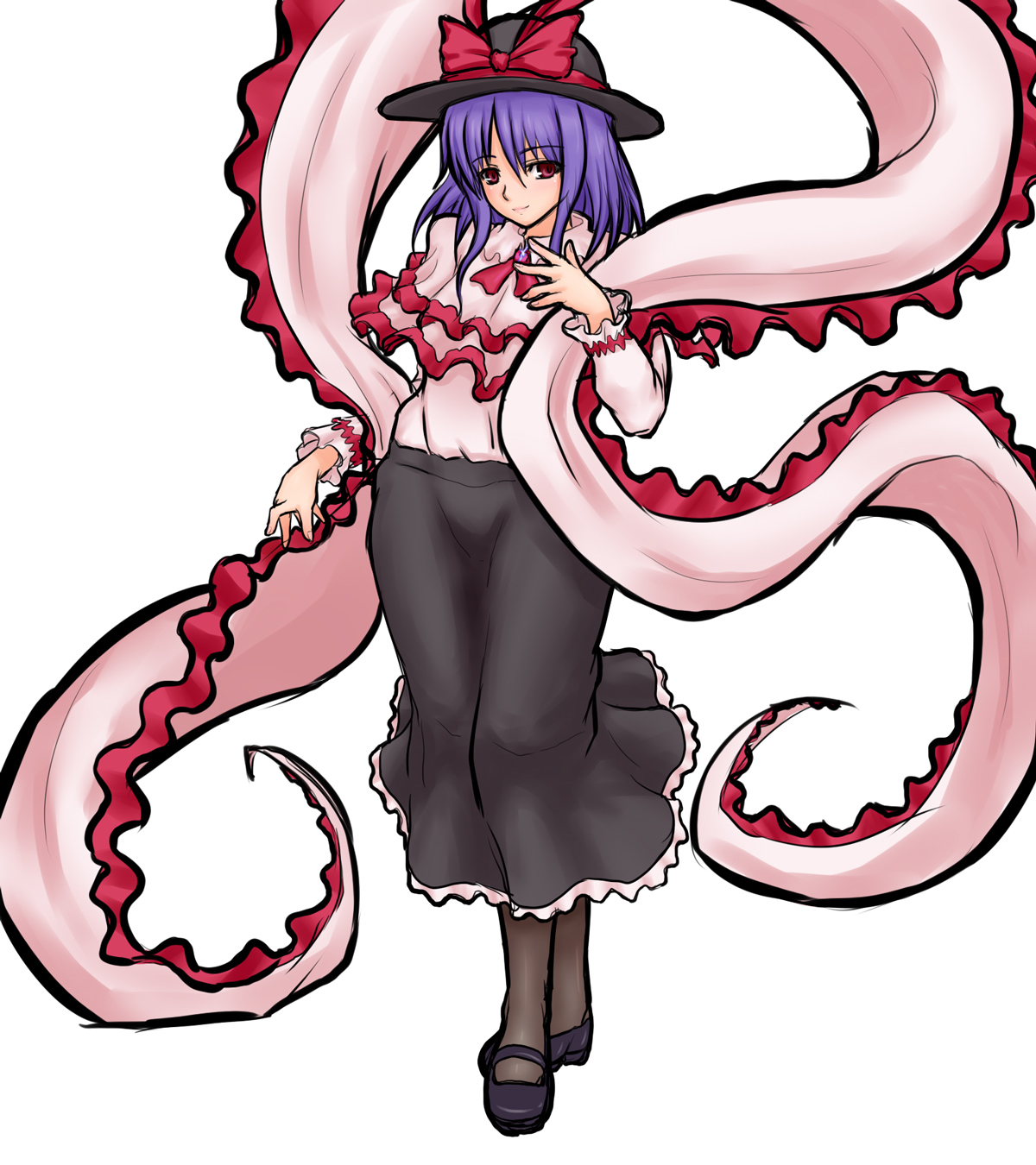 kuro suto sukii, nagae iku, touhou, highres, 1girl, between fingers, black shoes, blue hair, female focus, frills, full body, hat, hat ribbon, holding, pantyhose, purple hair, red eyes, ribbon, scarf, shawl, shoes, short hair, simple background, solo, standing, white background